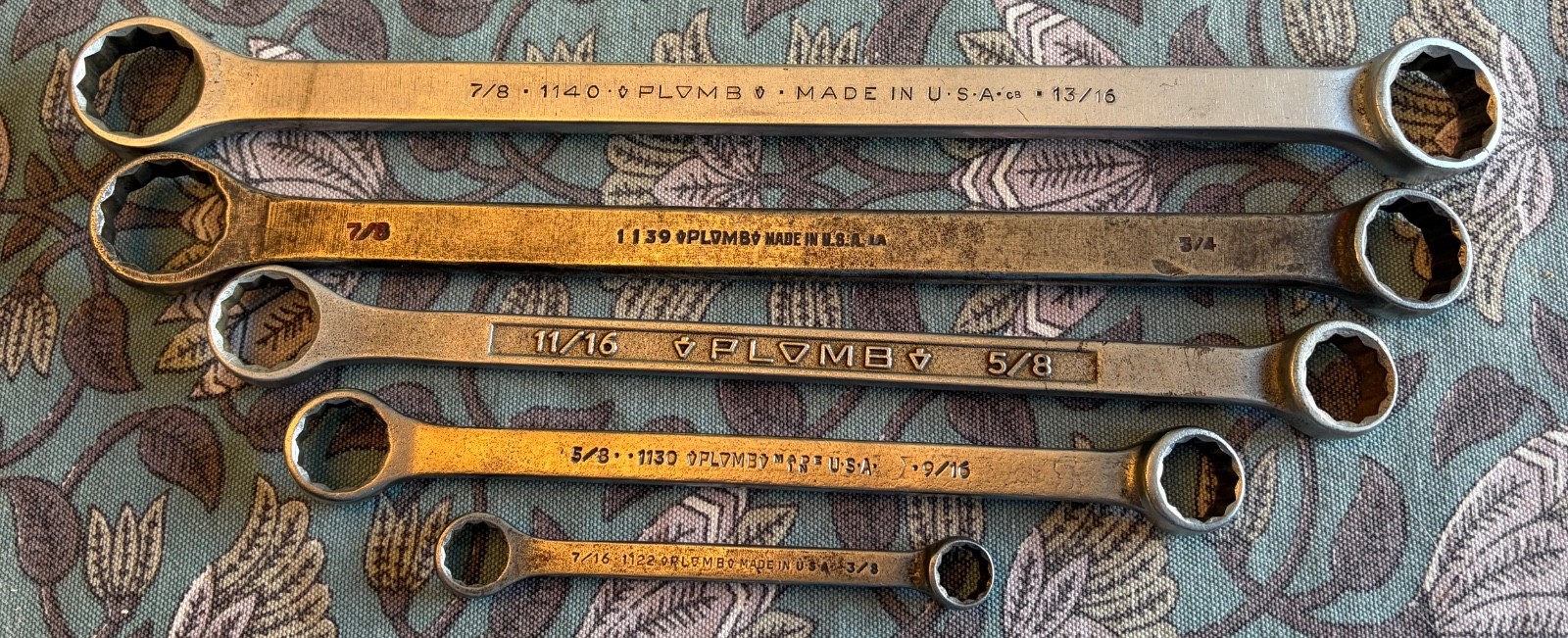 vtg PLUMB PLVMB Double Box End Wrenches, SAE 12pt, 1 w/1940’s Pebble Finish USA