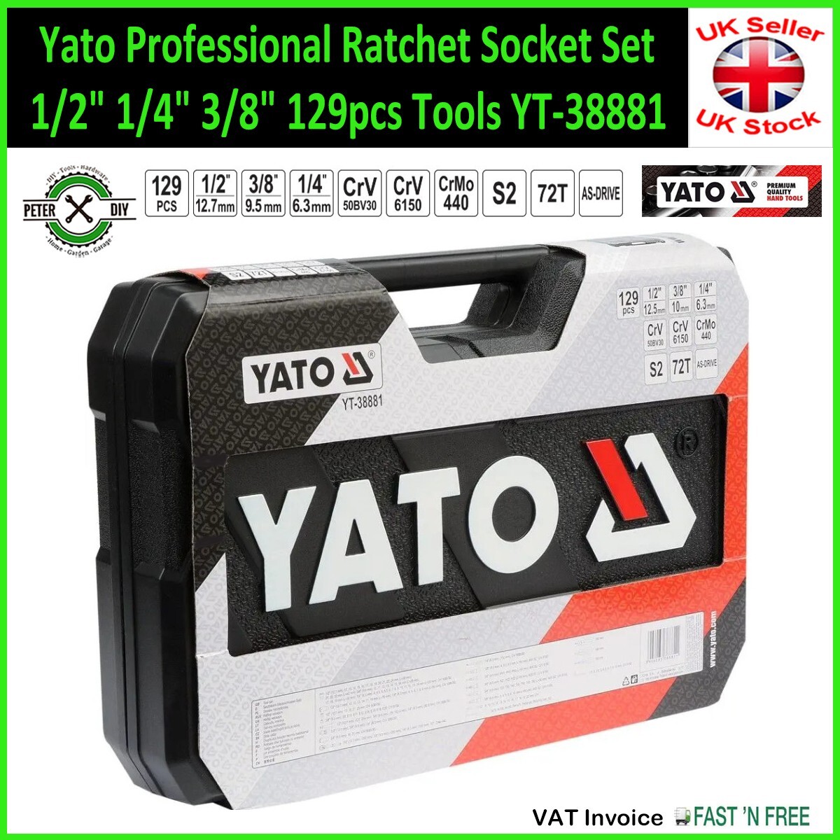 SOCKET SET RATCHET Yato Professional Tools 1/2″ 1/4″ 3/8″ 129pcs Tools YT-38881