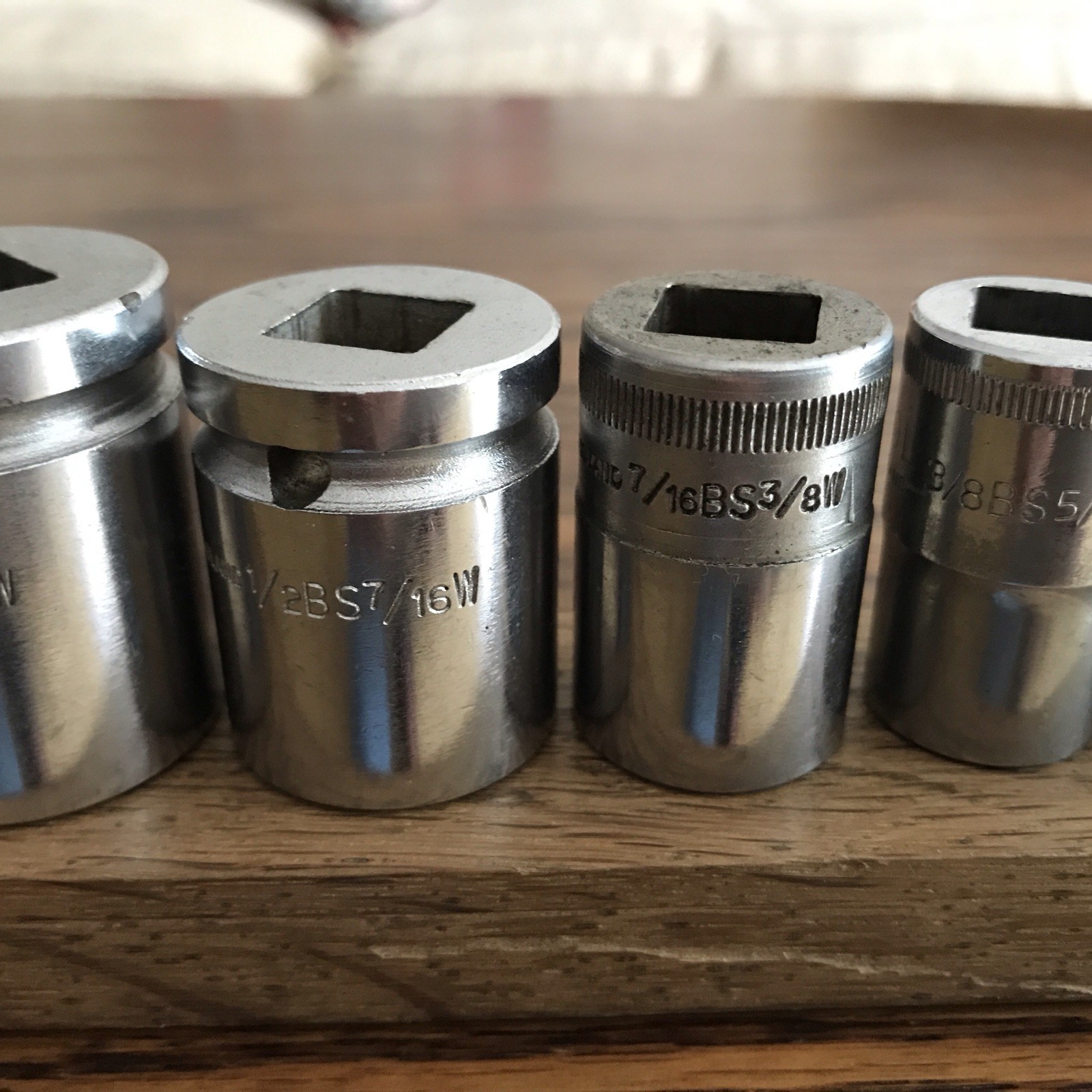 7 Vintage Britool Sockets 9/16”To 3/16”Whitworth With 1/2” Drive . C