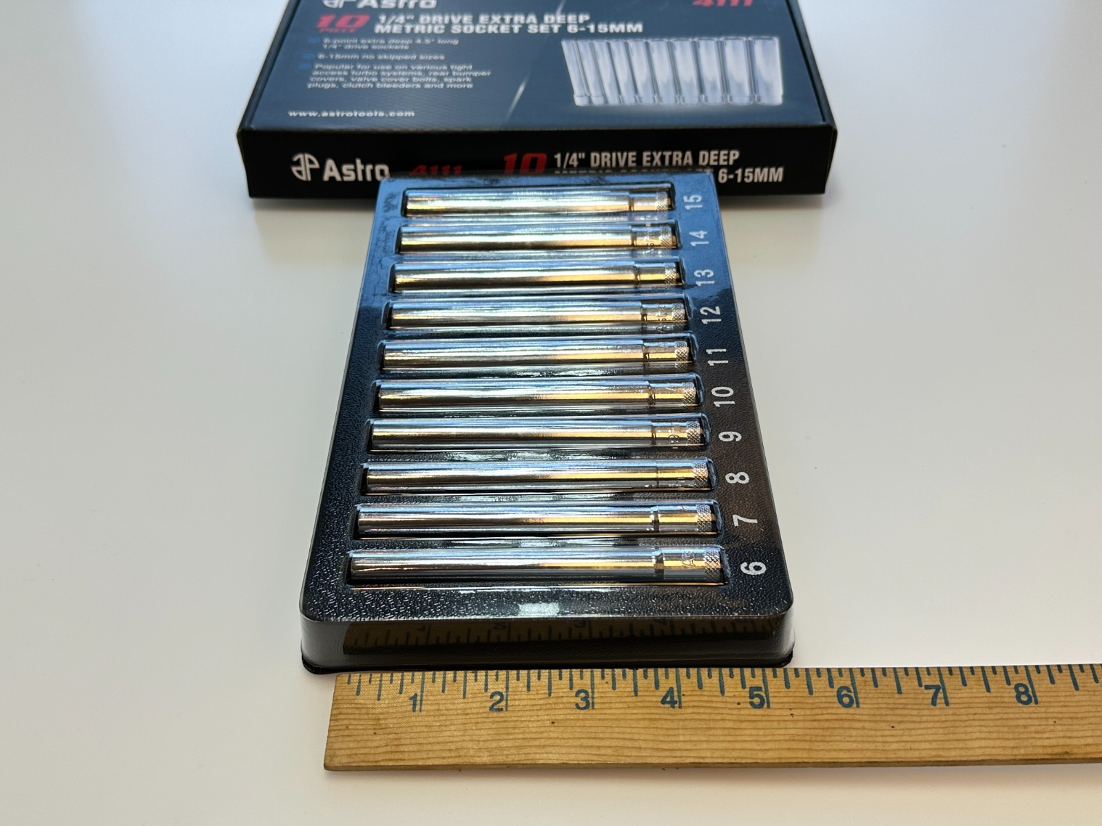 NEW ASTRO 10pc 4111 Extra Deep (4.5″ Long) Metric Socket Set 6mm-15mm 1/4″ Drive