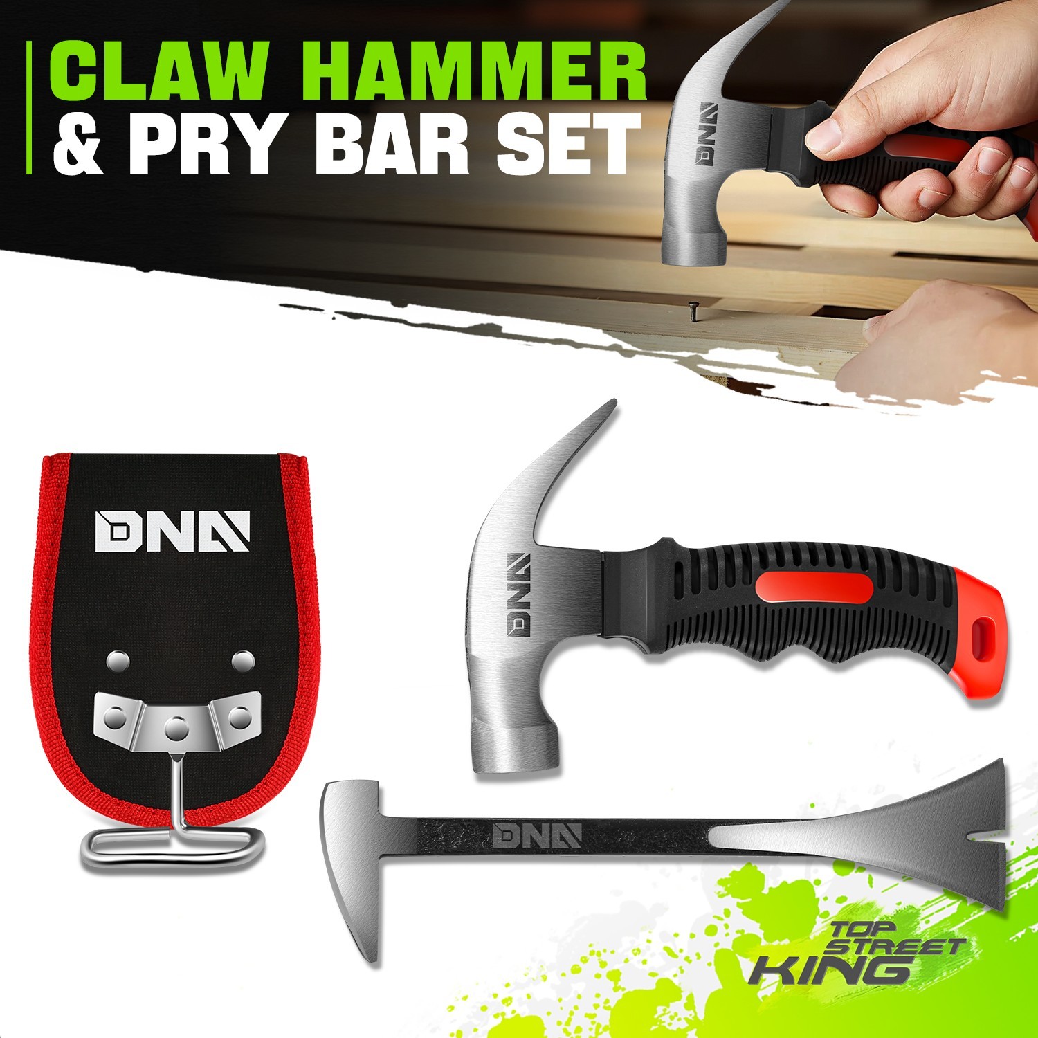6-1/2″ Sturdy Fiberglass Handle Hammer 8″ Multi Purpose Pry Bar+Hammer Holster