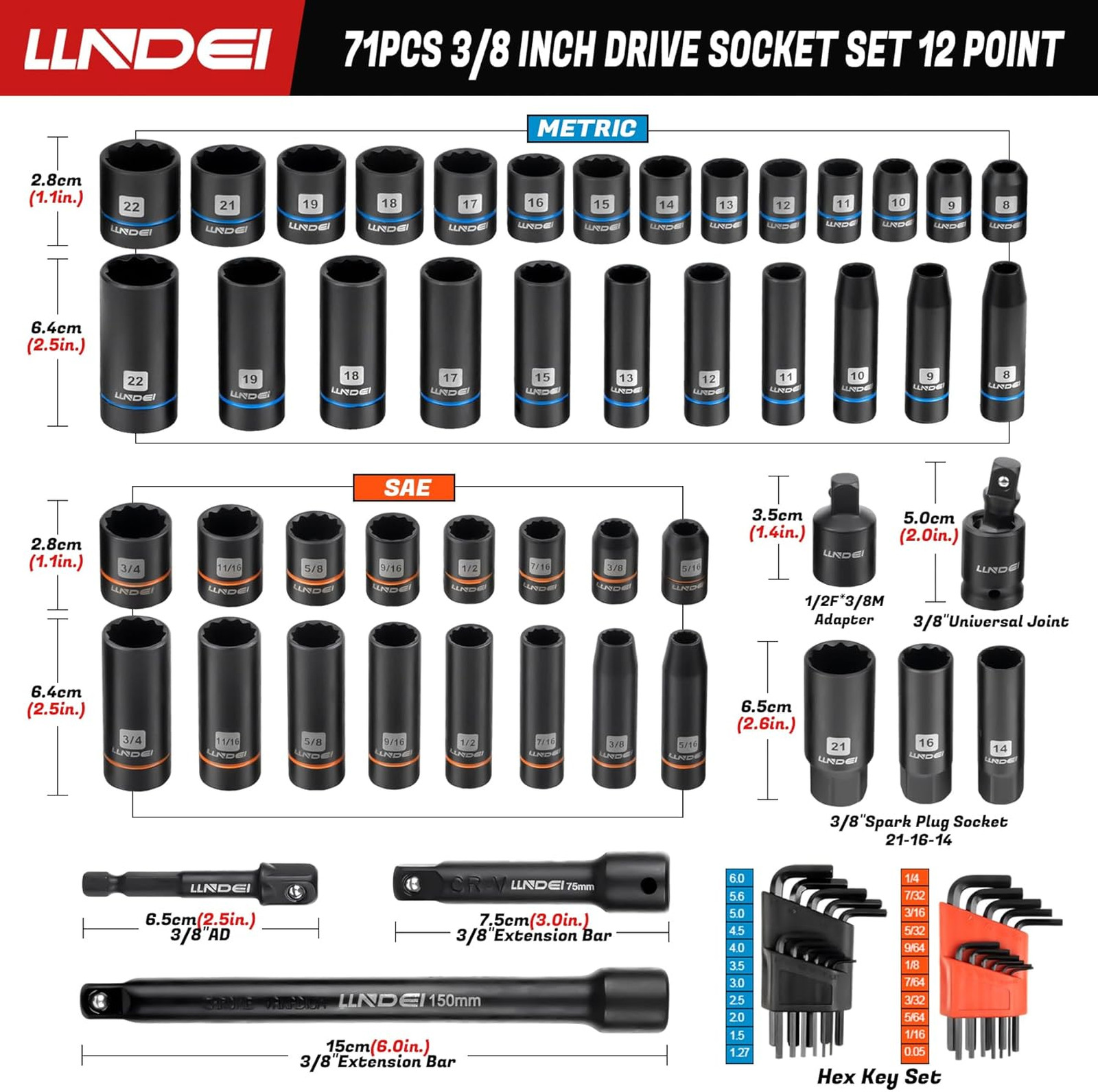 3/8 Inch Drive Socket Set 71 Piece SAE Metric Deep Shallow CR-V Extension
