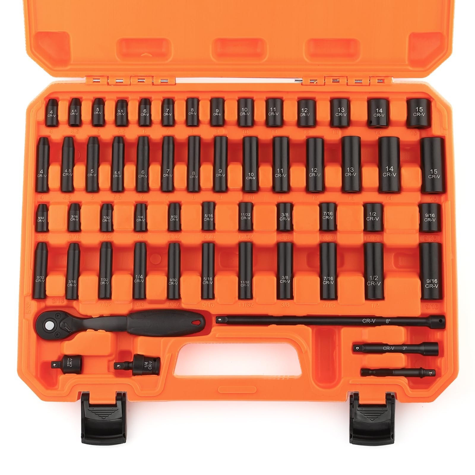56-Piece 1/4″ Drive Impact Socket Set – SAE & Metric, 6-Point, CR-V, Ratchet & C
