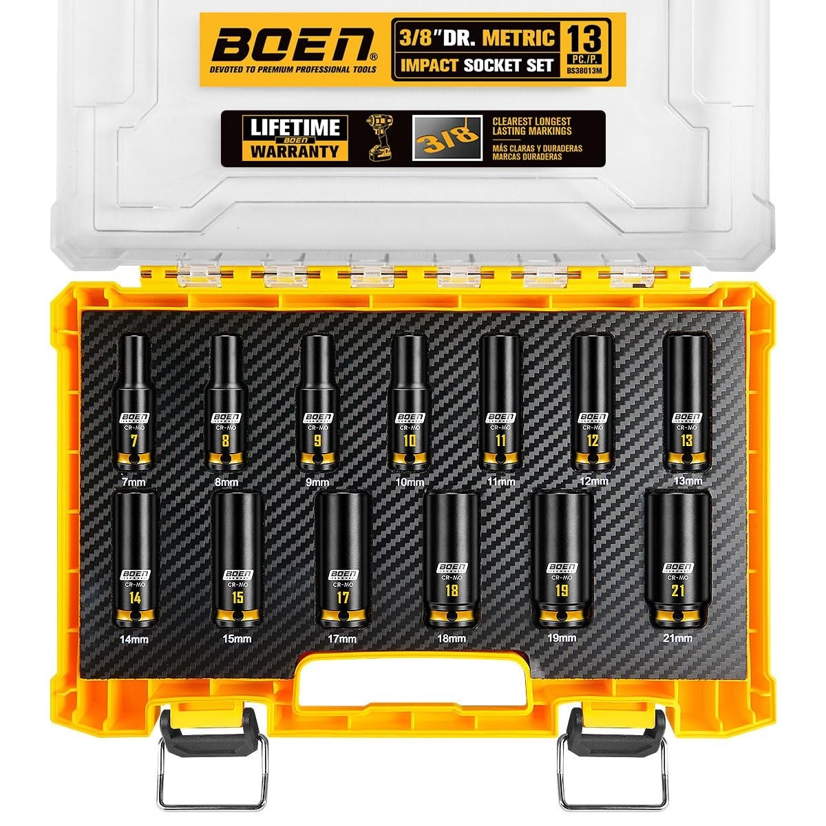 13PCS 3/8″ Drive Metric Socket Set, 7mm-21mm Impact Deep Sockets, 6-Point, CR-MO
