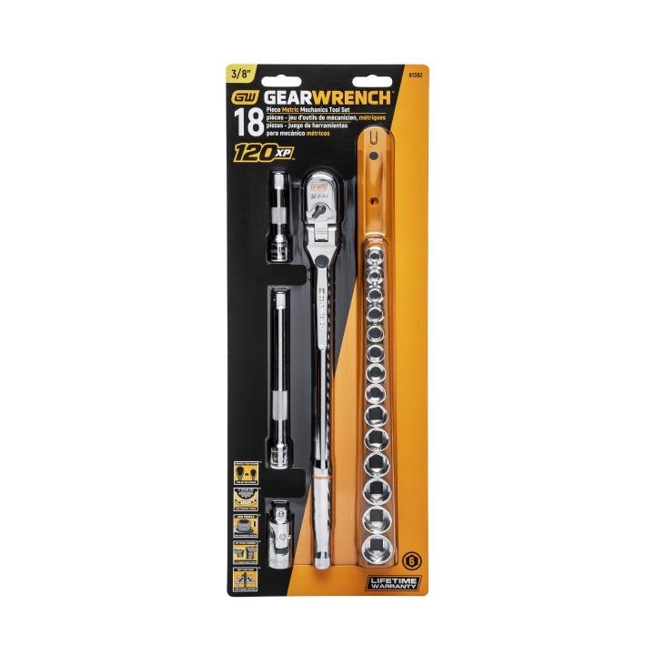 Gearwrench 81392 18Pc 3/8″ Dr 120XP Locking Flex Head Ratchet & 6Pt Metric Set