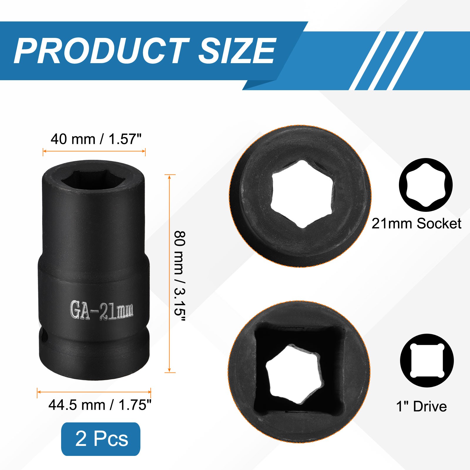 2pcs 1 Inch Drive 21mm 6 Point Impact Socket Chromium Vanadium Steel