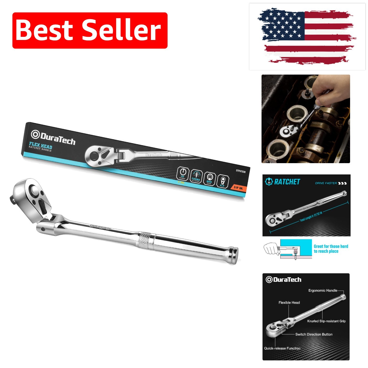 3/8″ Drive Flex-Head Ratchet, 72-Tooth Ratchet Wrench, Quick-release, Reversi…