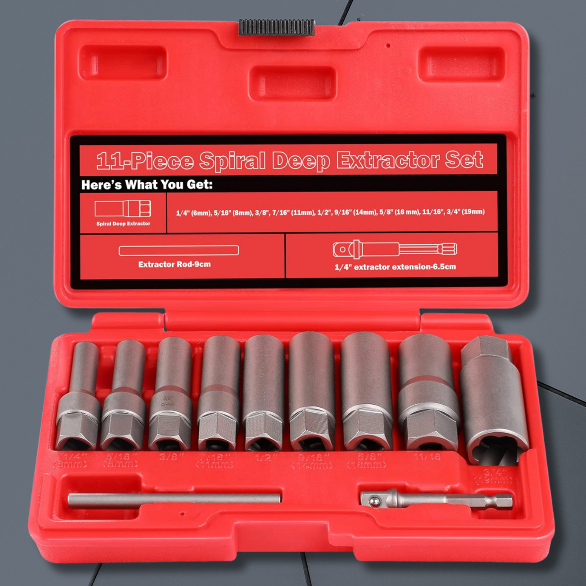 11-Pcs Spiral Deep Bolt Extractor Set, Stripped Bolt Remover Lug Nut Extractor S