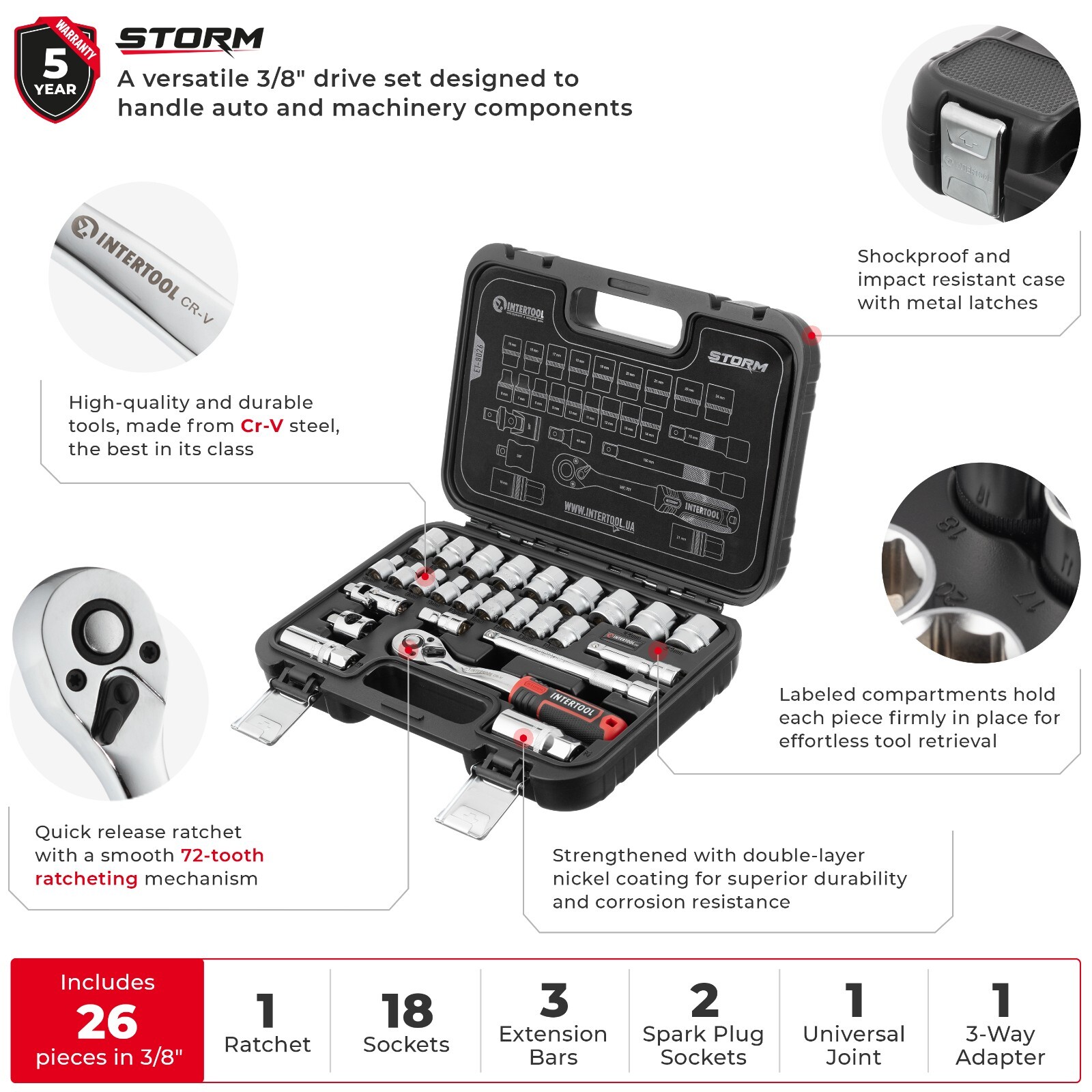 INTERTOOL 26pc 3/8-inch Ratchet Socket Wrench Set ET08-8026
