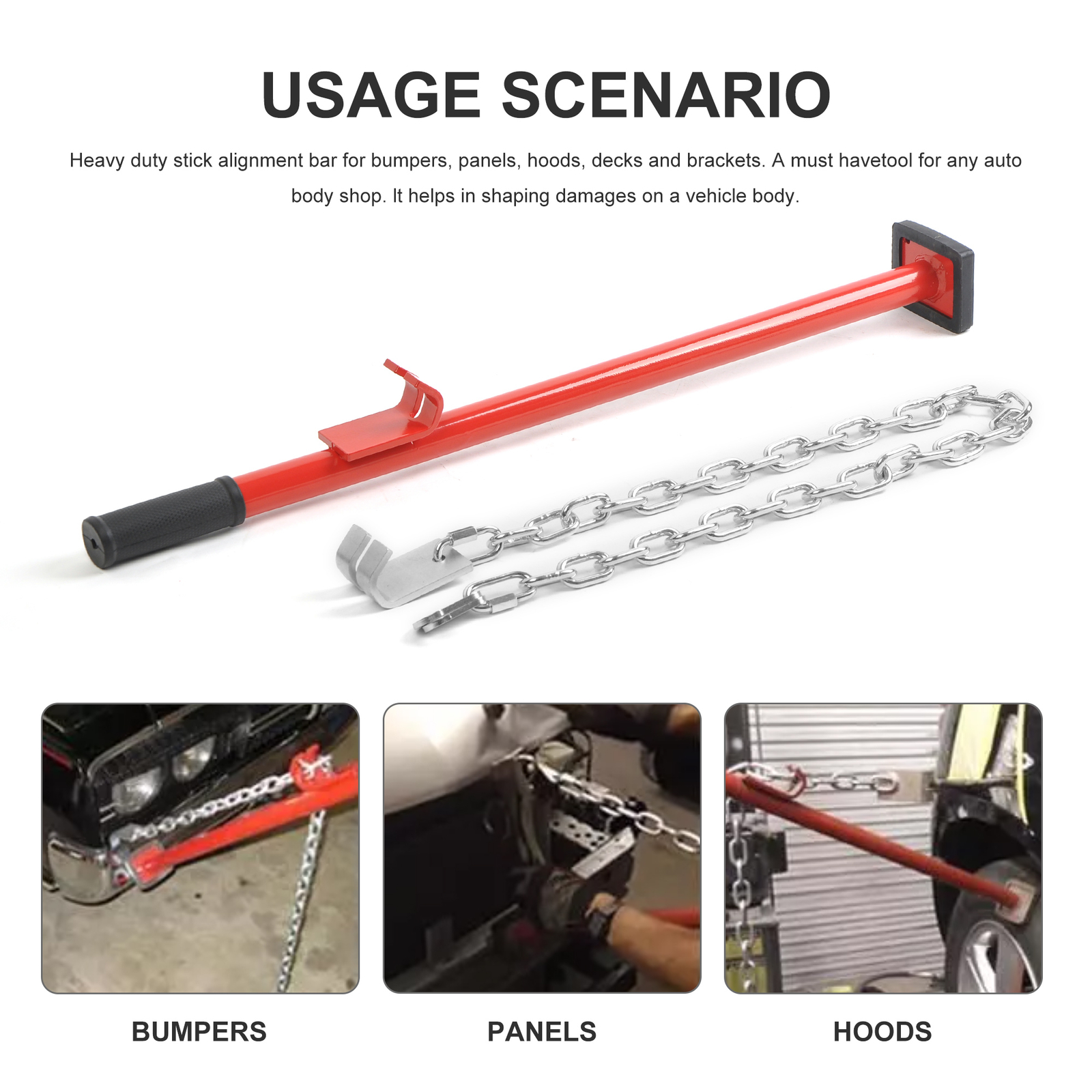 Pulling Stick Body Kit-Car Panel Bumper Alignment Repair Tool 6ft chain, J-hooks