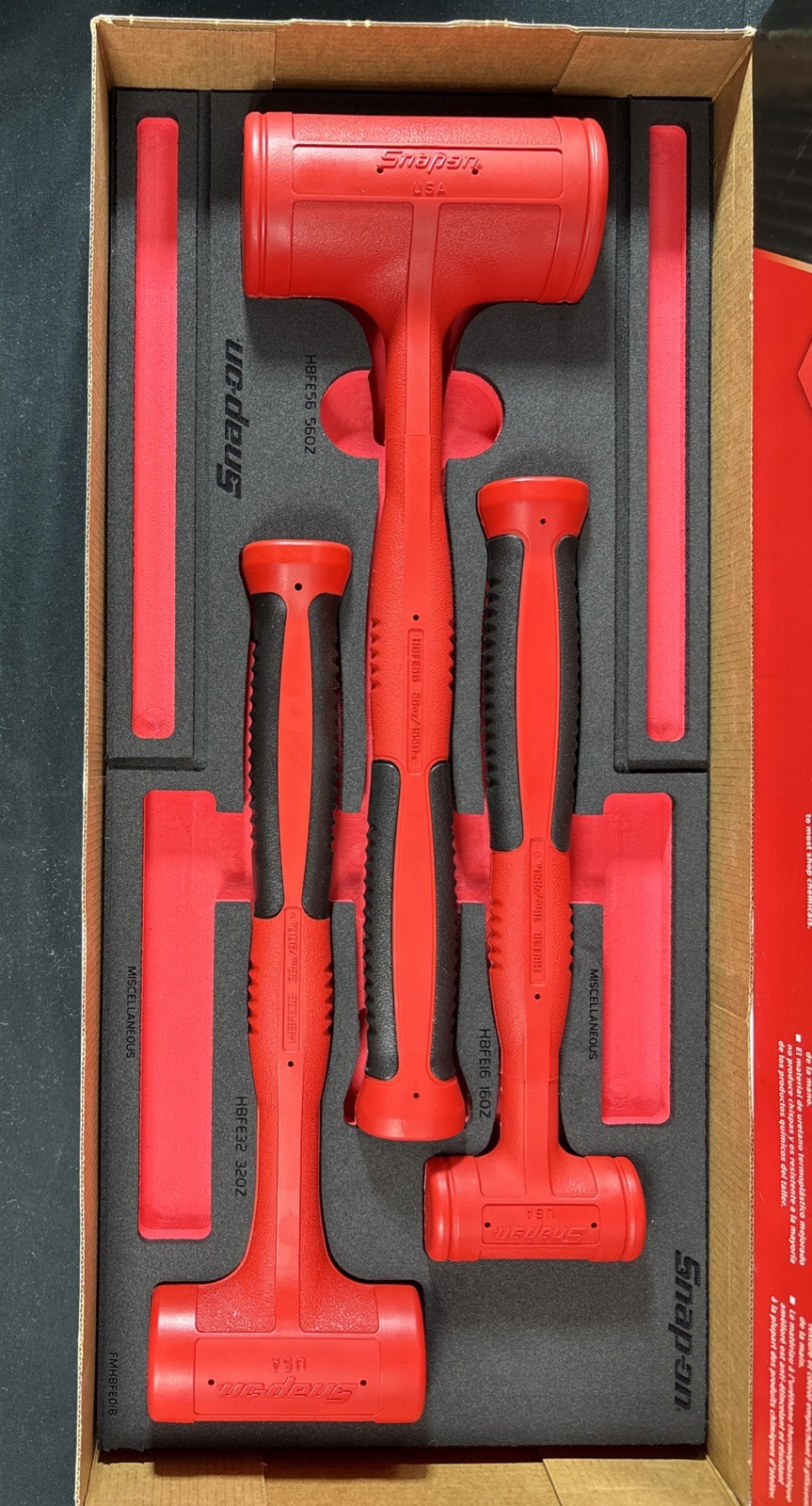 Snap on 3pc Soft Grip Dead Blow Hammer Set w/ PRO-FI Organization 12, 32, 56 oz