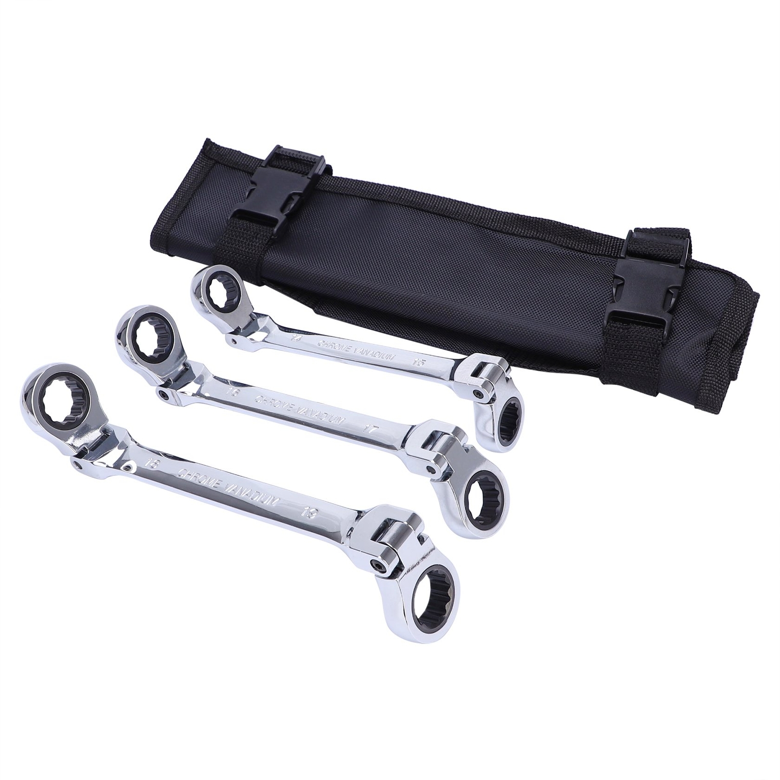 Double Box End Ratcheting Wrench Flex-Head Spanner Set Metric w/ Carrying Bag