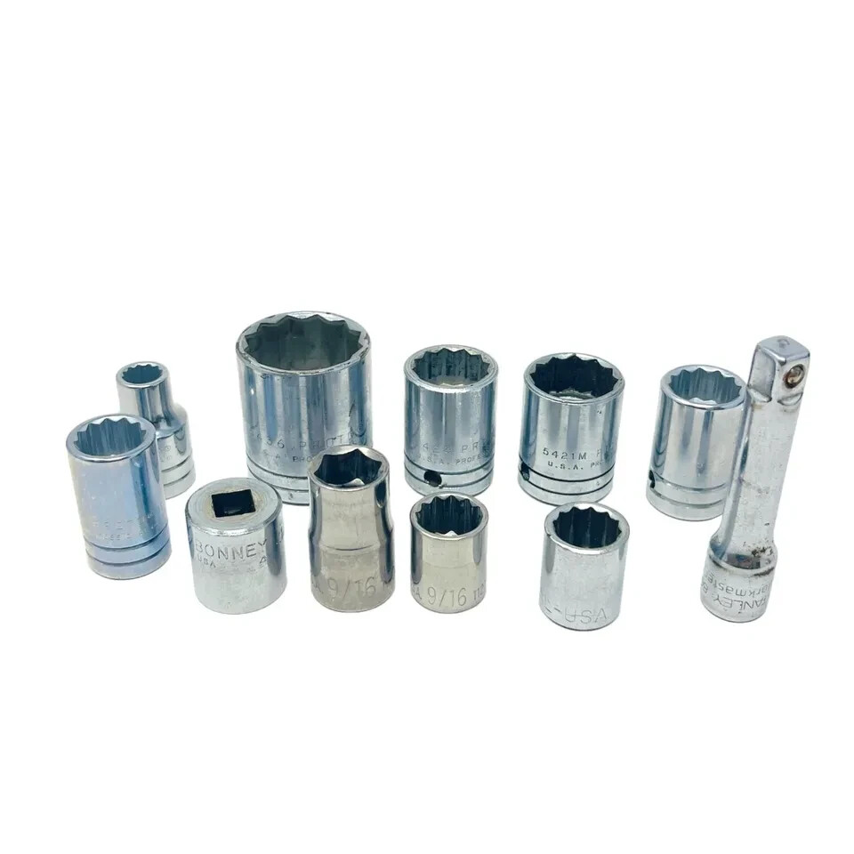 11 Pcs Bonney, Proto, Stanley 3/8 in Extension and 1/2 in Drive Socket Set, USA