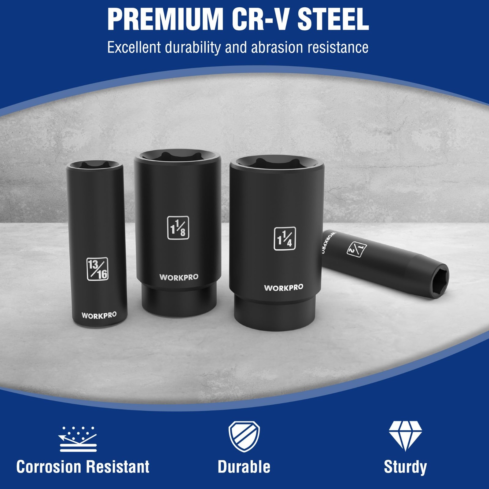 14-Piece 1/2″ Drive Deep Impact Socket Set, 6-Point Cr-V Steel, Heavy Duty Case