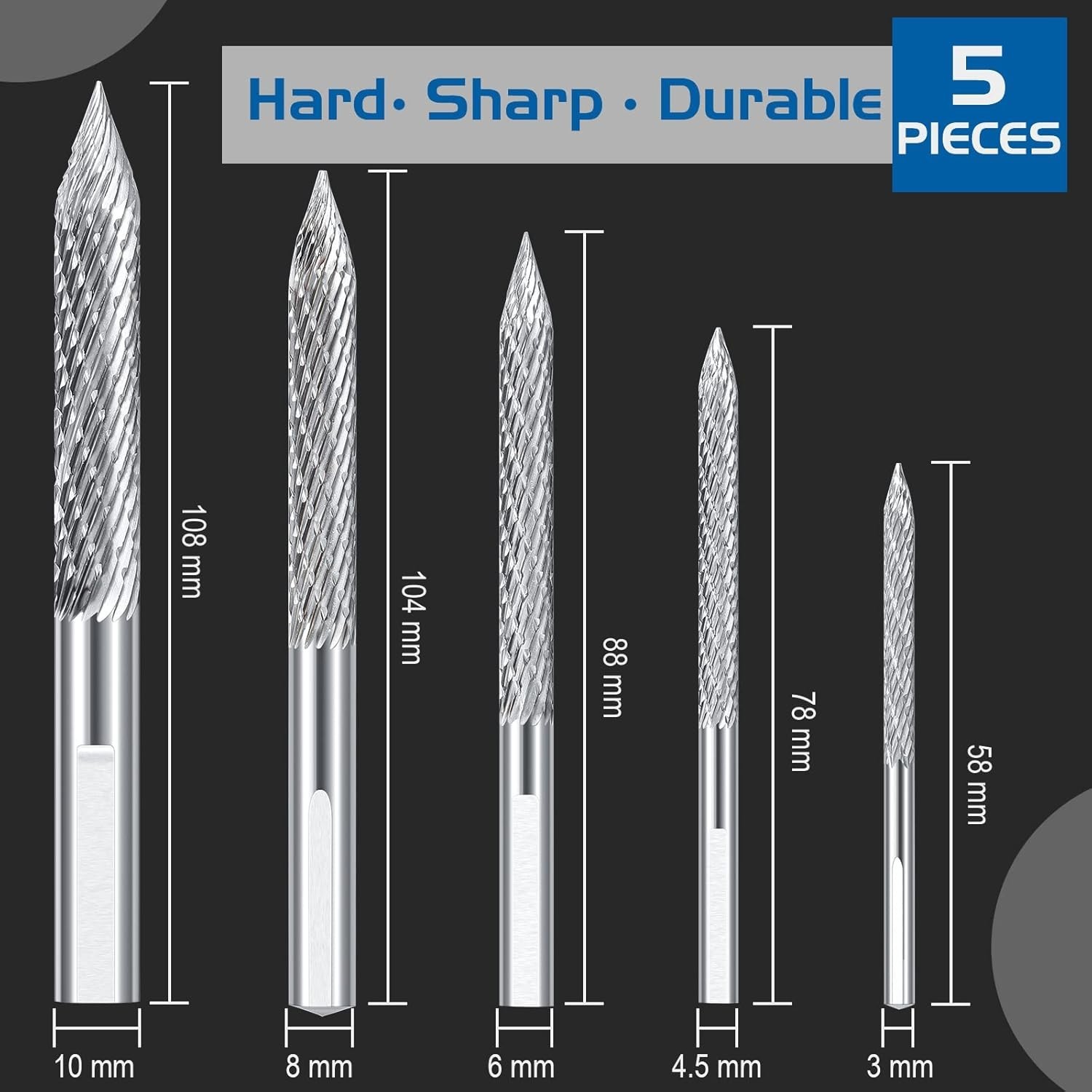 5Pcs Tire Repair Carbide Burr Drill Bit Set 3-10mm Wire Plug Cutter Reamer Tool