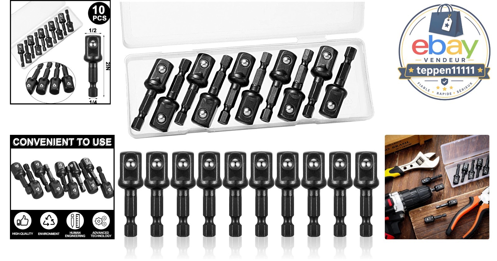 Square Socket Adapter 1/2 Inch Drive 12 Pieces High Speed Steel