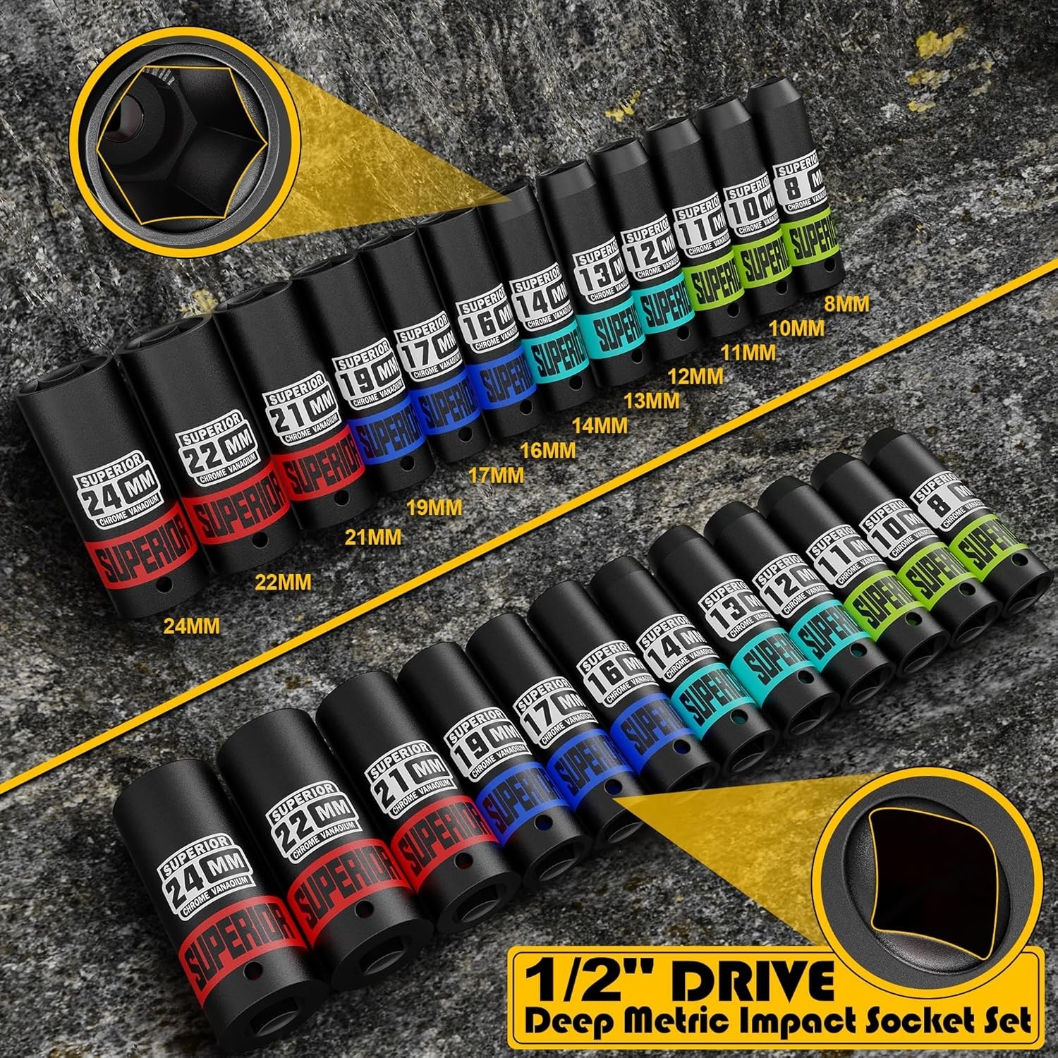 14 Piece 1/2″ Drive Impact Socket Set, 8 mm – 22 mm Deep Socket, Metric Socke…