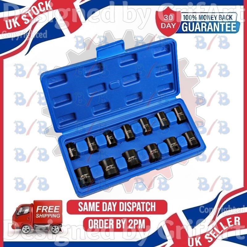 13PC 3/8″ INCH SQUARE DRIVE 6 POINT SHALLOW IMPACT SOCKET TOOL SET 7MM-19MM CASE