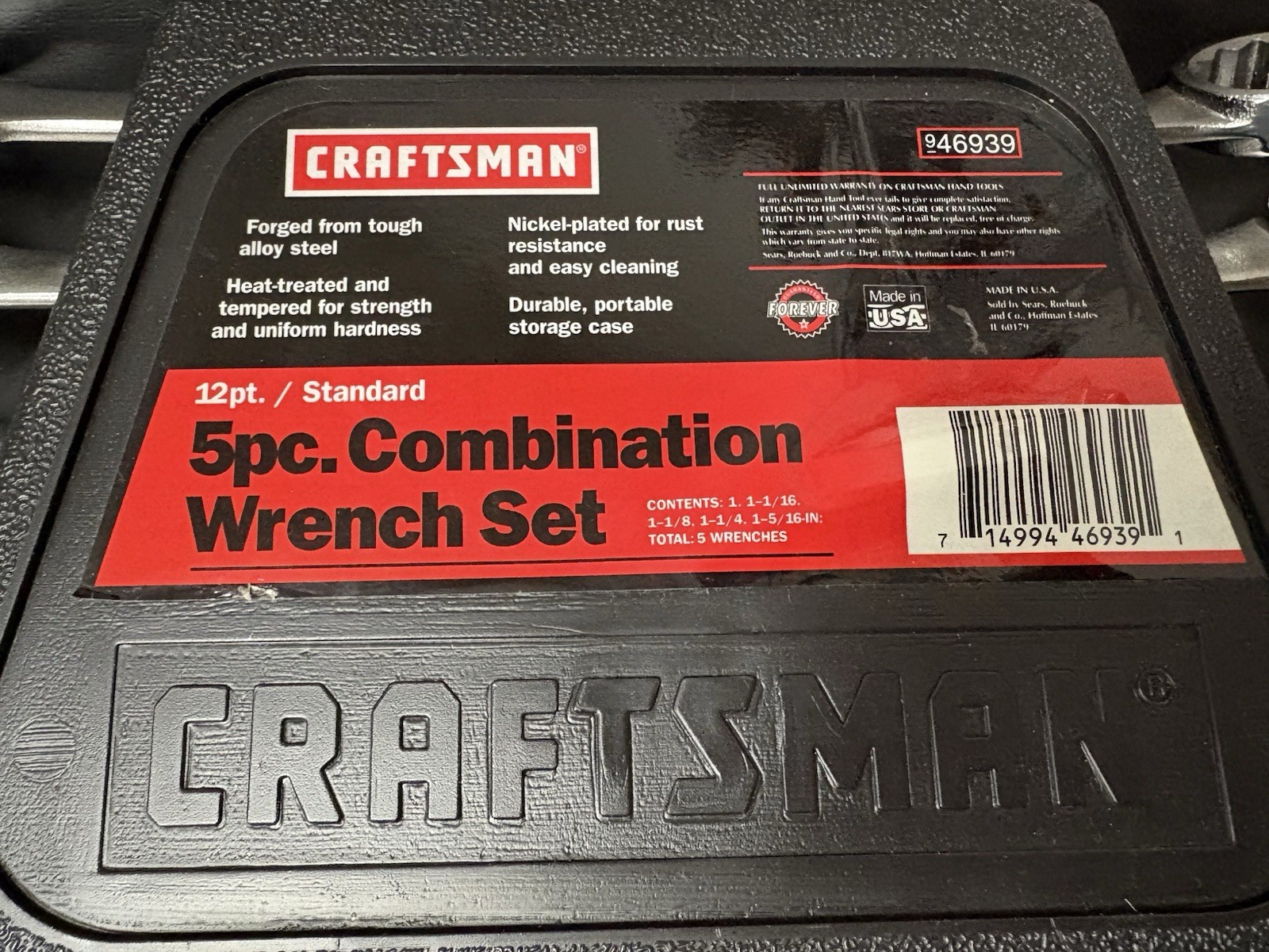 Sears Craftsman USA 5pc Jumbo SAE Combination Wrench Set 46939 w/ Carry Case