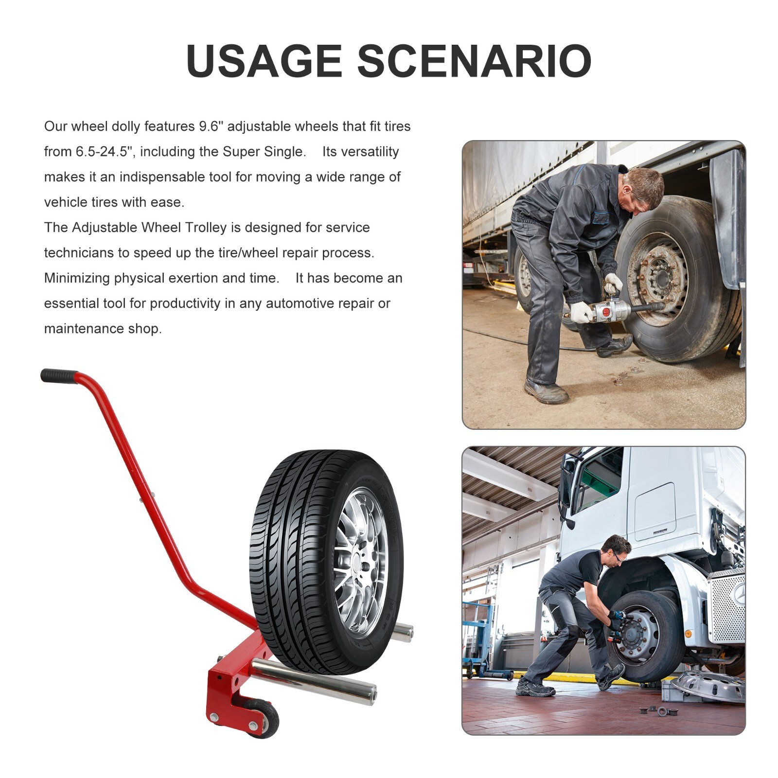 6.5 to 24.5 inches Garage Tires Lifter Adjustable Tire Wheel Dolly for Workshop