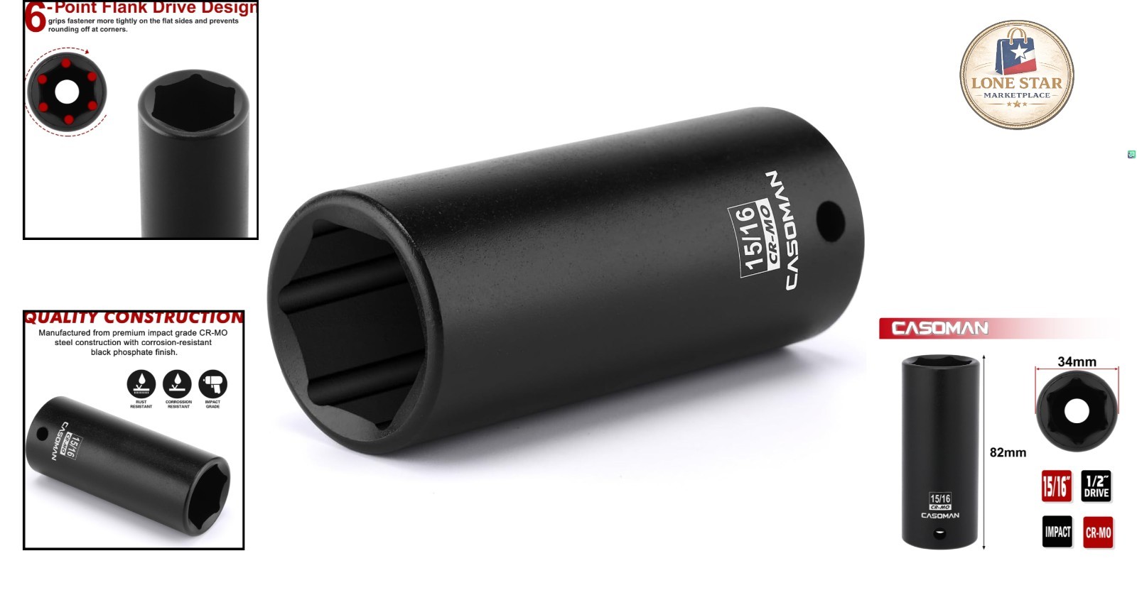 Precision 1/2″ Drive 15/16″ Deep Impact Socket – Corrosion-Resistant CR-MO Steel