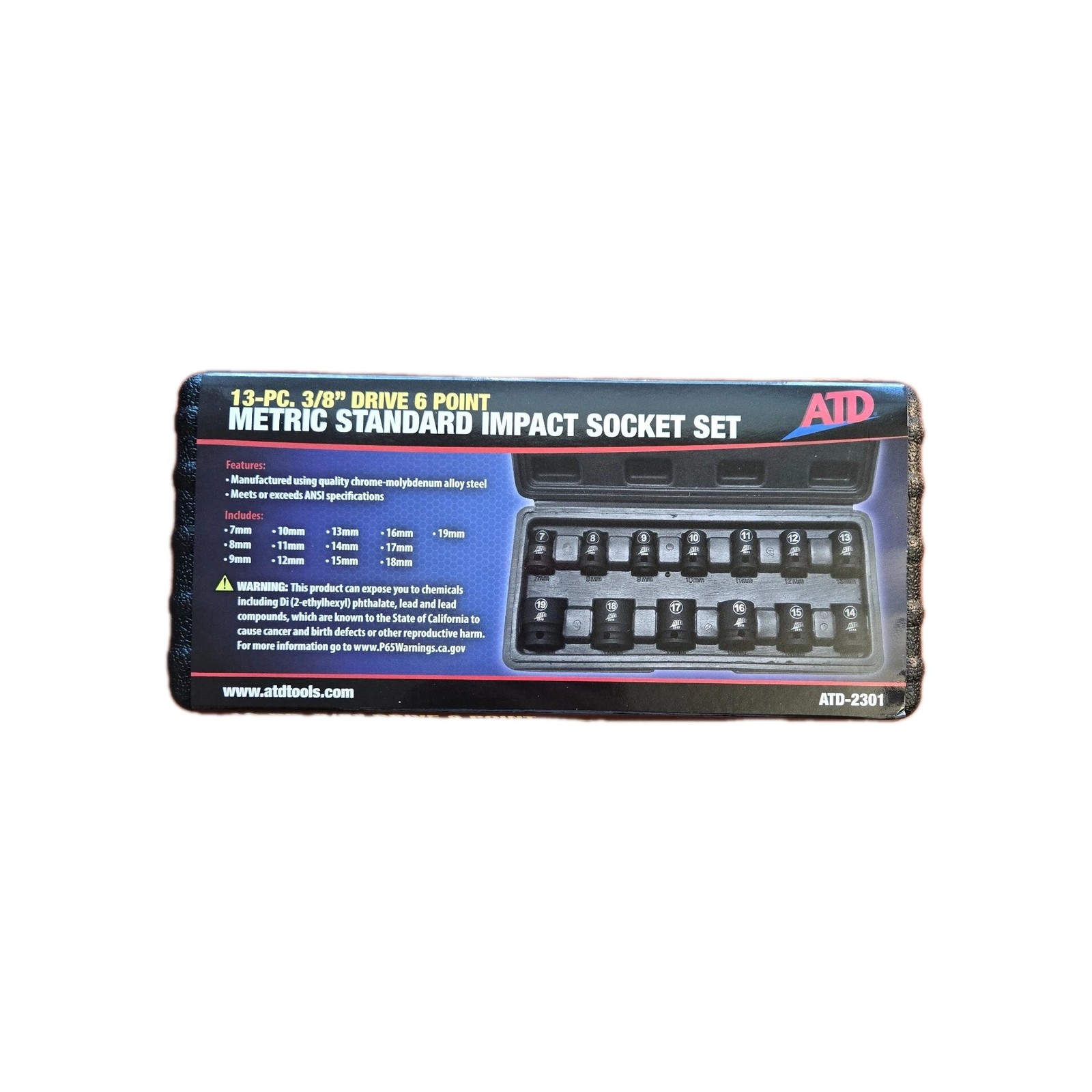 ATD-2301 – 13 Pc. 3/8″ Drive 6 Point Metric Standard Impact Socket Set