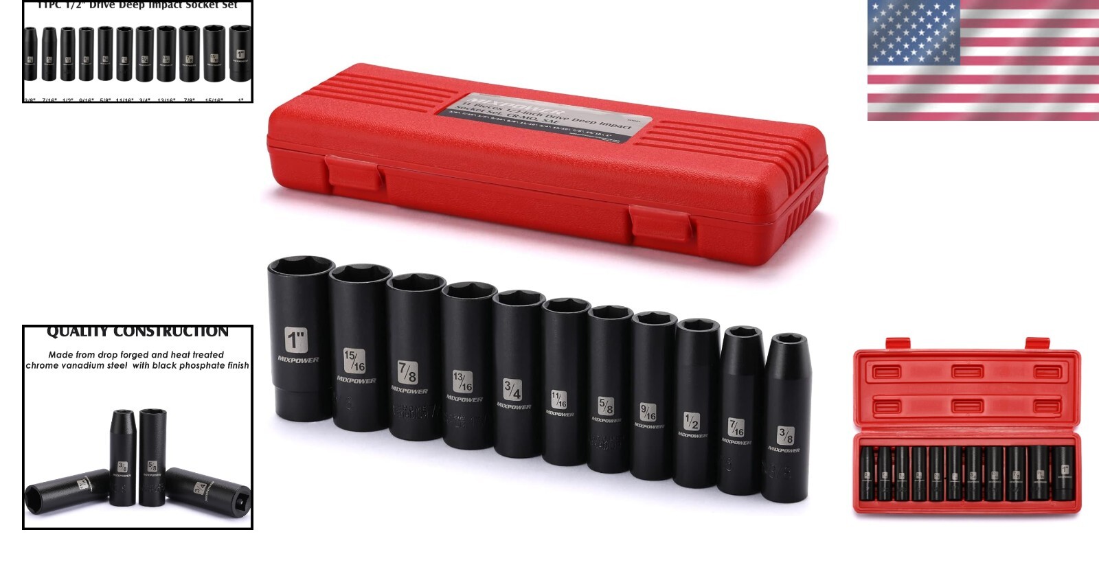 Durable 11-Piece Deep Impact Socket Set – 1/2-Inch Drive, 6-Point Design