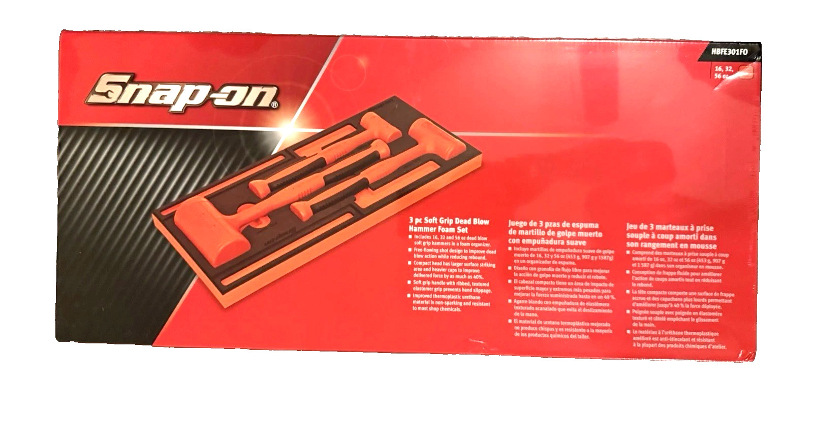 New Snap-on™ HBFE302FO 24 32 48 oz Orange Flat Faced Dead Blow Hammer Foam Set