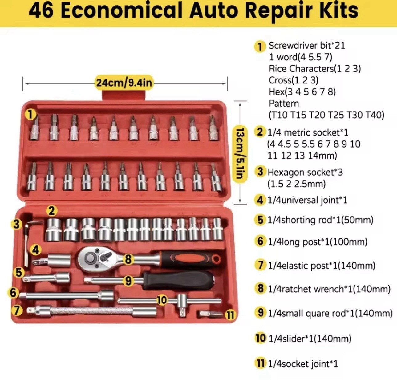 46pcs Socket Set Car Repair Tool Ratchet Spanner Wrench Set Screwdriver Full kit