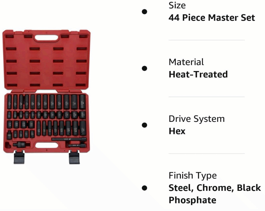 3/8″ Drive Impact Socket Set, SAE & Metric, 44PCS w/Extensions & U-Joint