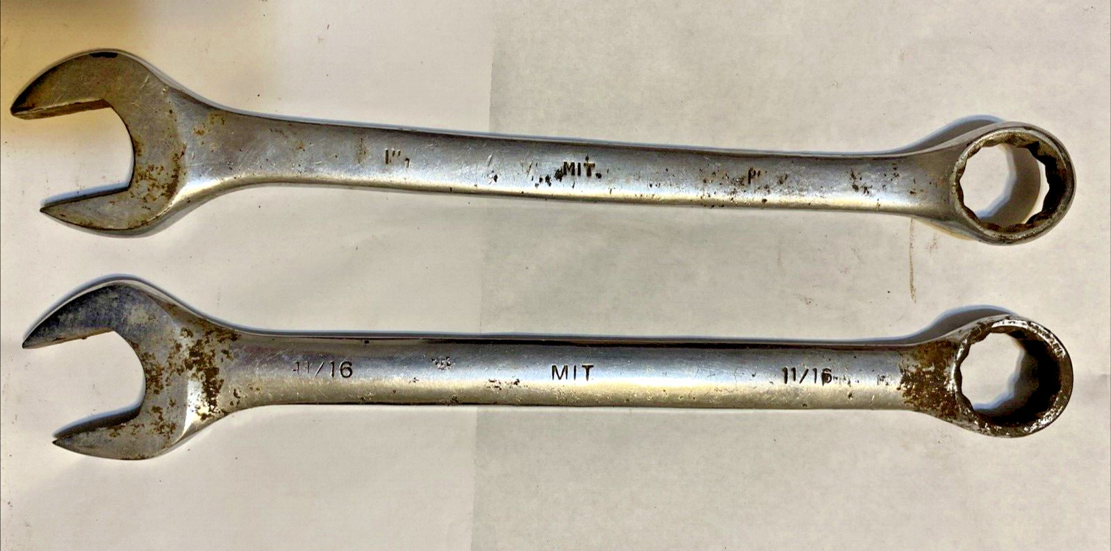 (2) LARGE MIT COMBINATION 12 PT WRENCHES, 1″ & 11/16″ WRENCHES