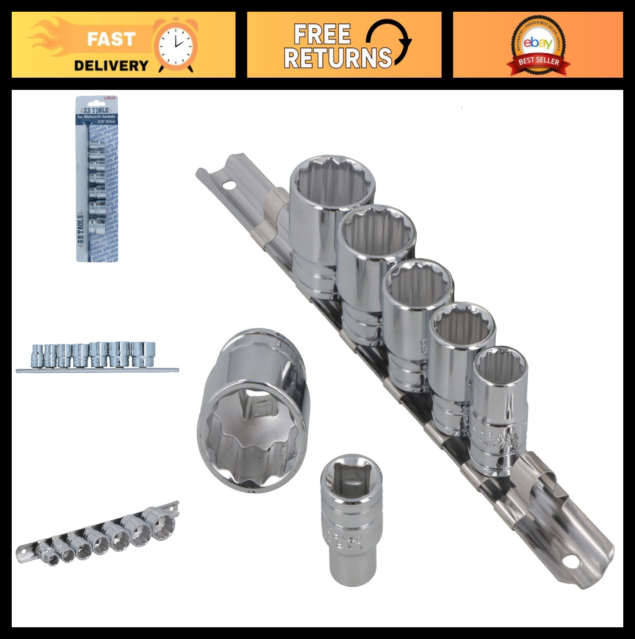 3/8″ Drive Shallow Socket Set, 7-Piece Bi-Hex, Sizes 1/8″-1/2″, Mechanics Tool K