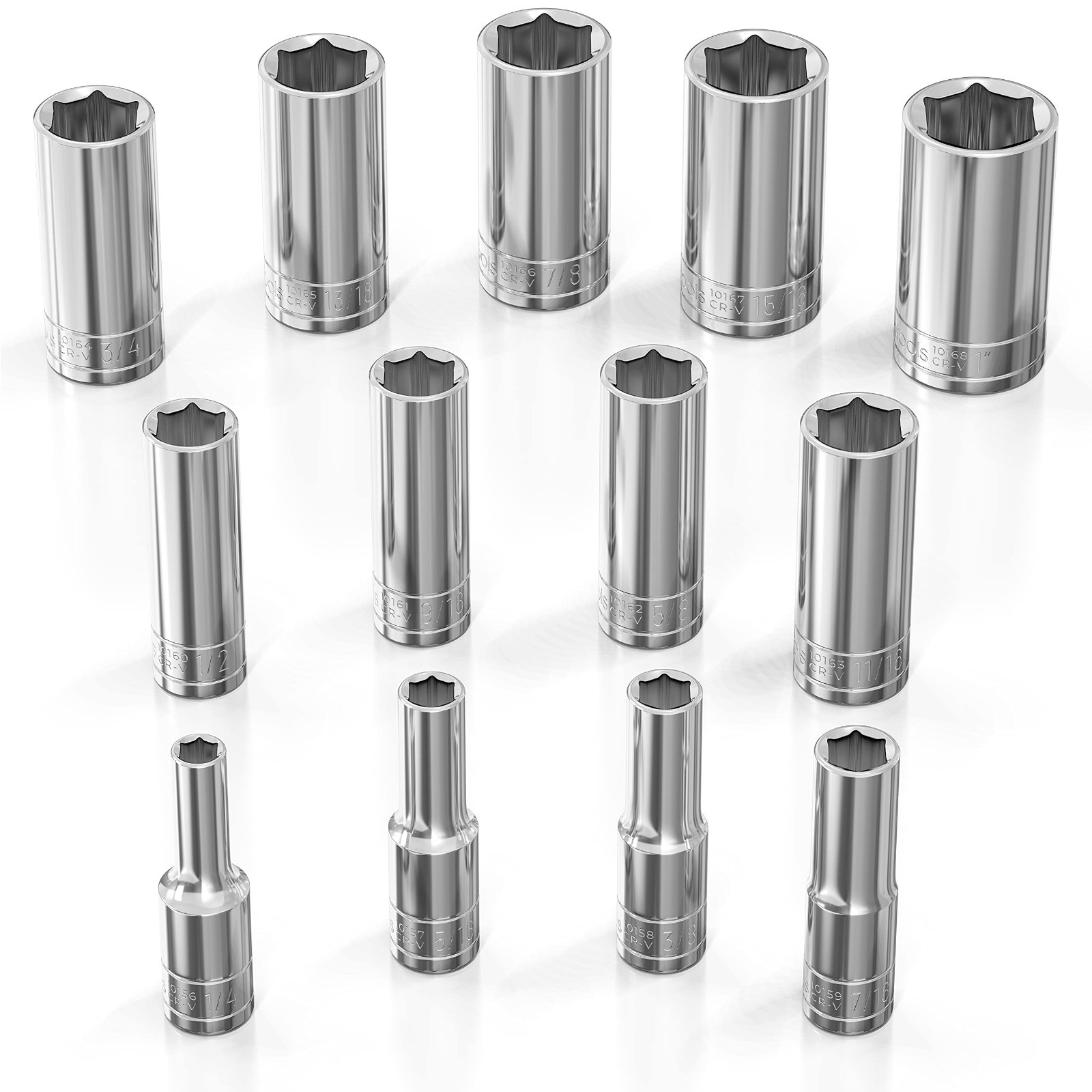 13pc SAE Deep Socket Set – 3/8″ Drive, 6-Point Chrome Sockets, No Skipped Sizes,