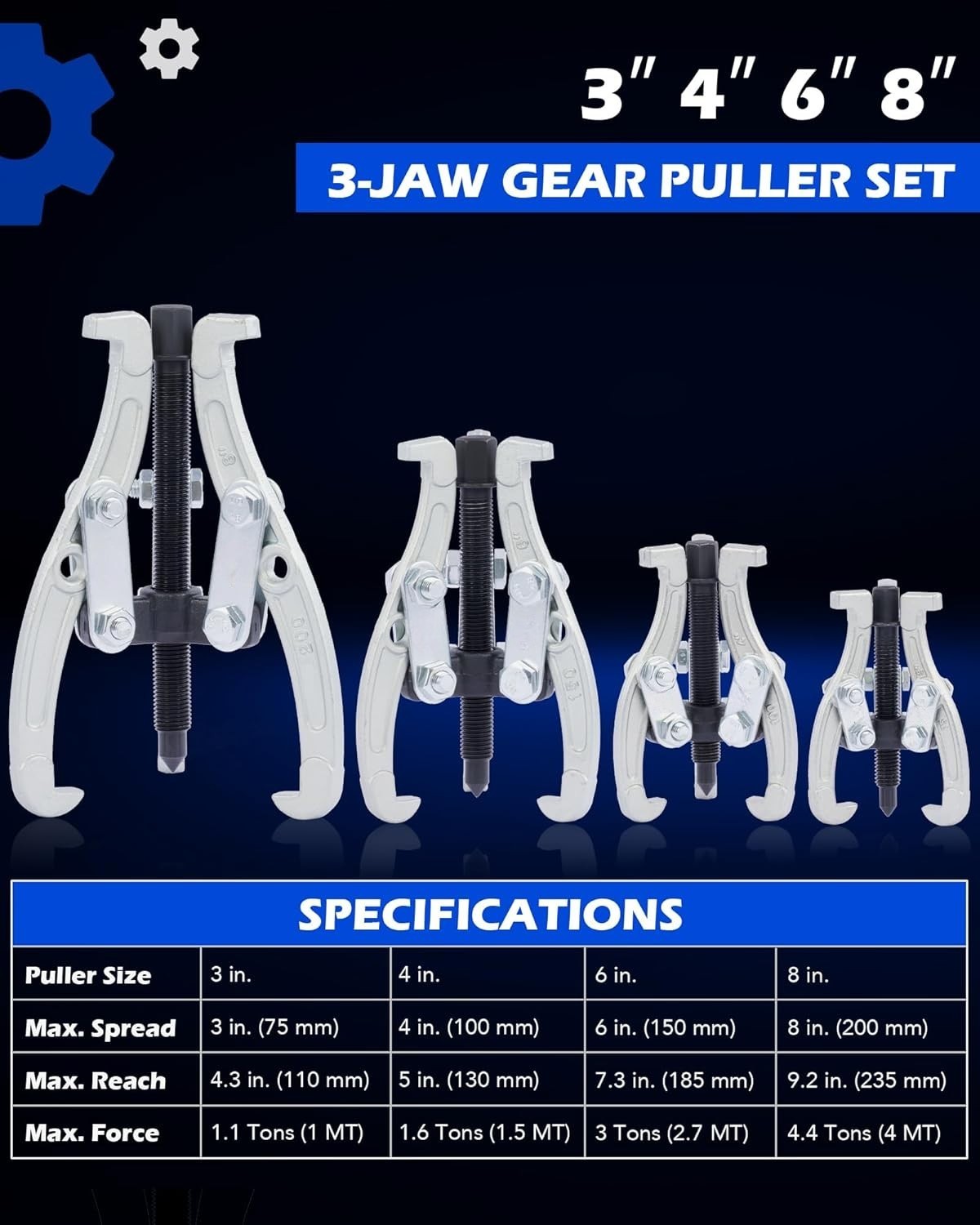 Kit Extractor 3 Garras 3-4-6-8″ Poleas Engranajes Rodamientos 4Pcs