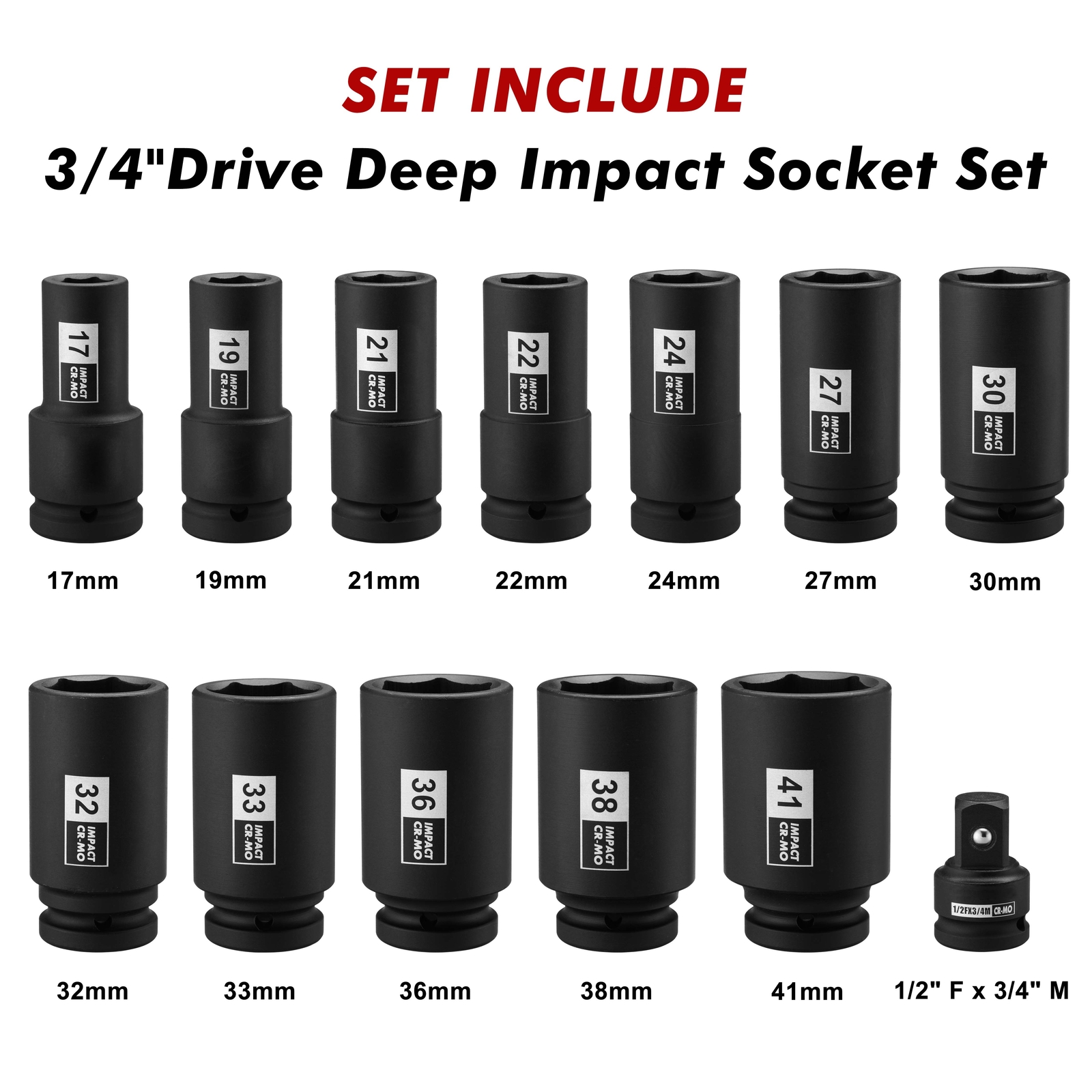 3/4″ Drive Deep Impact Socket Set 13Pcs Jumbo Socket Metric(17mm to 41mm) 6Point