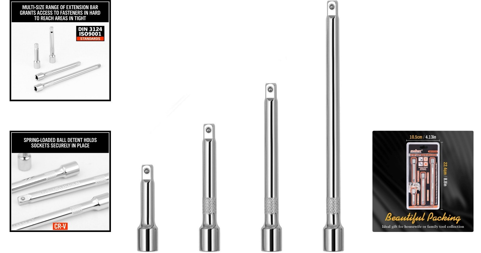1/4″ Drive Socket Extension Bar Set – 4-Piece Chrome Vanadium Excellence