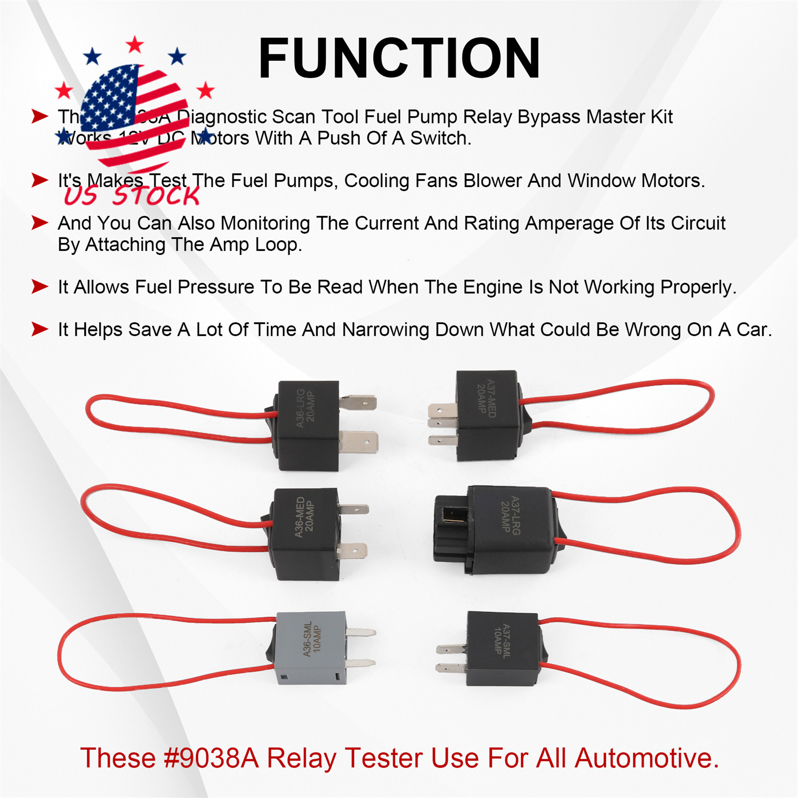 Relay Tester Diagnostic Scan Tool Fuel Pump Relay Bypass Master W/Amp Loop 9038A
