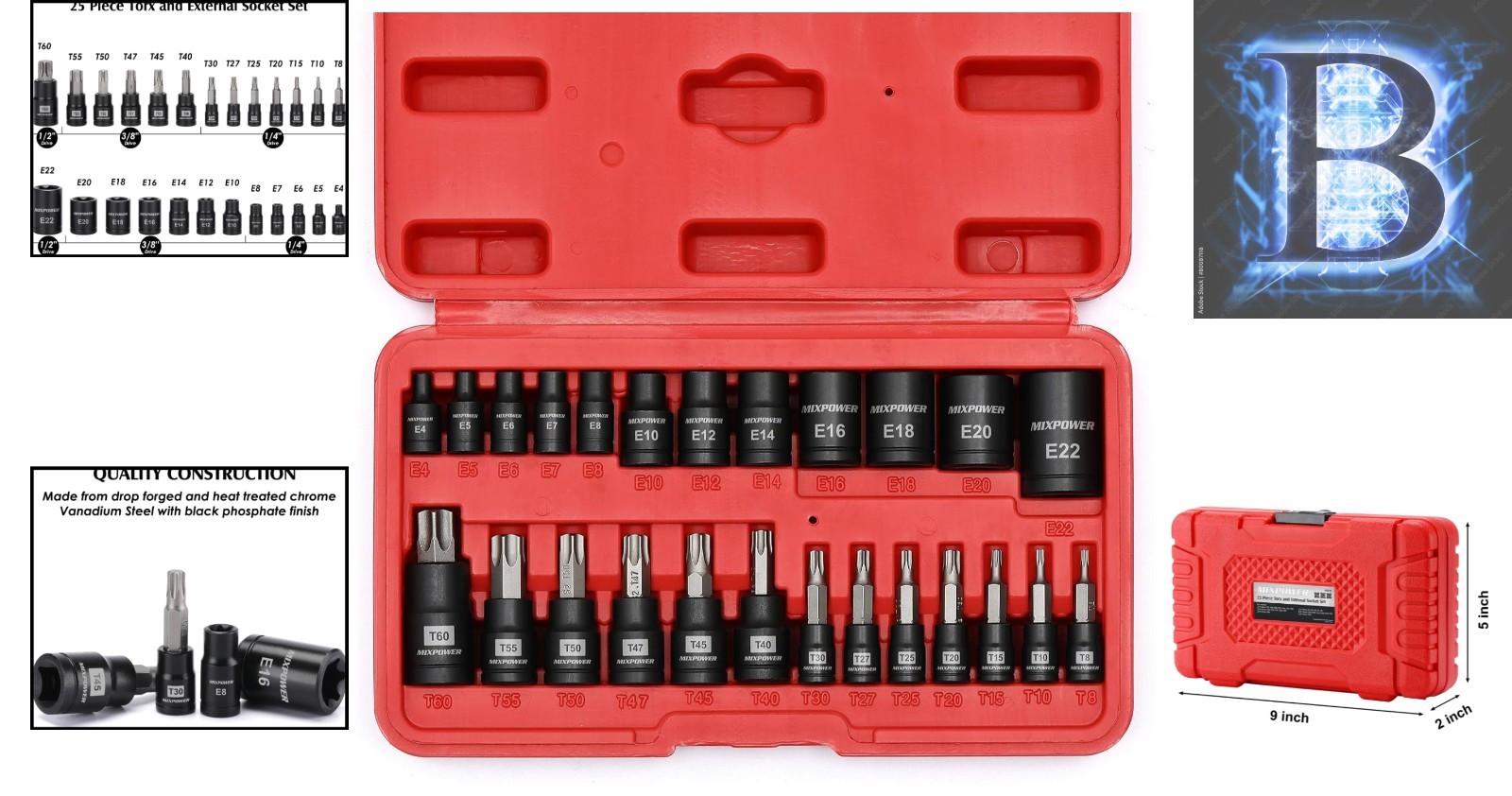 25-Piece Torx Bit and E-Torx Socket Set for Automotive and Industrial Use