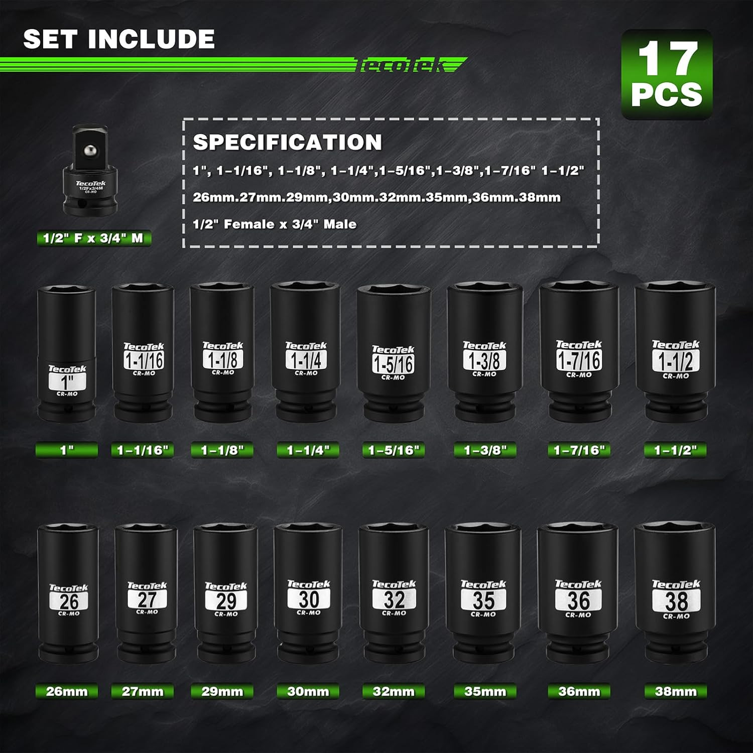 3/4″ Drive Deep 6-Point Impact Socket Set 1/2″ F to 3/4″ M Impact Socket Adapter