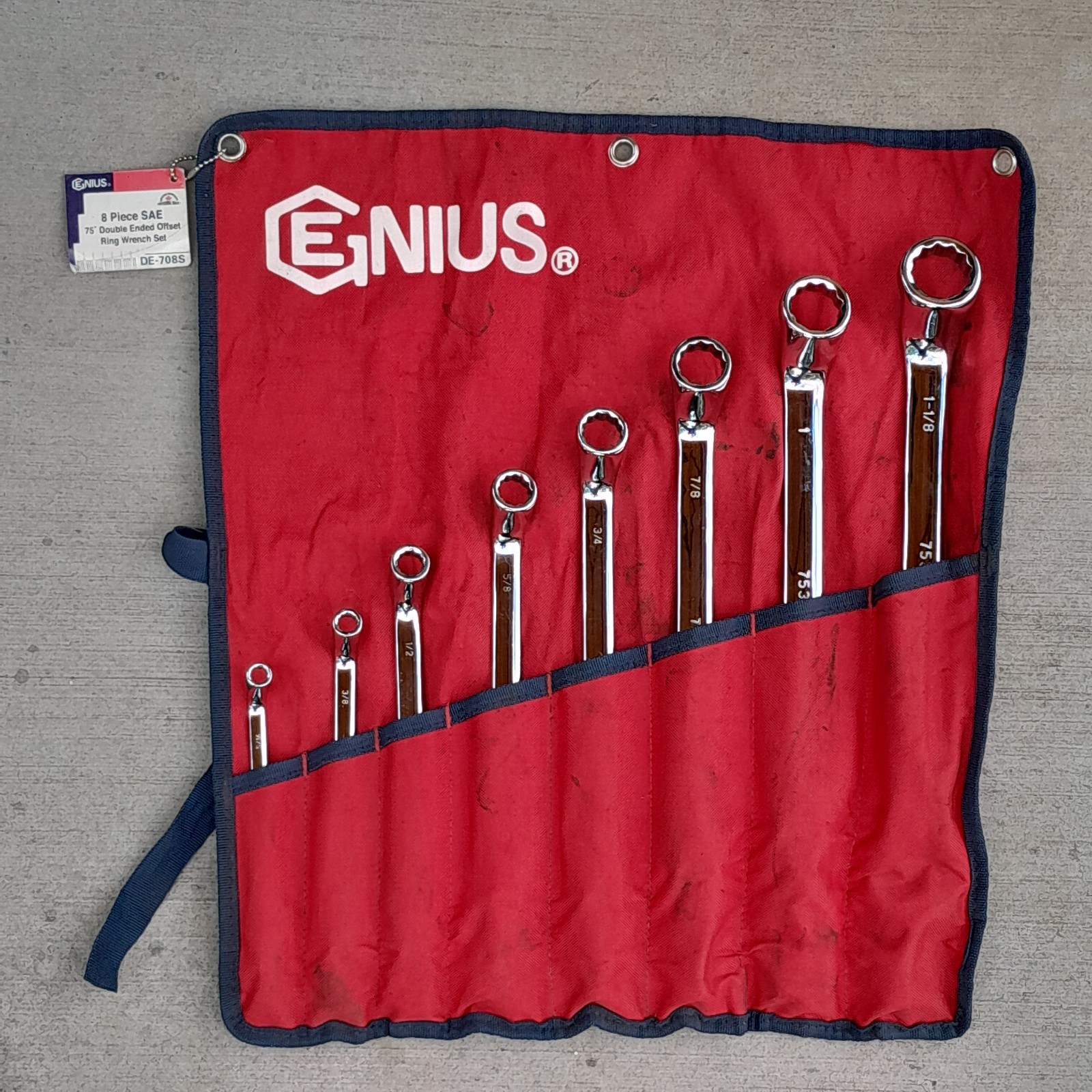 Genius Tools DE-708S 8 Piece SAE 75 Degree Double Ended Offset Ring Wrench Set
