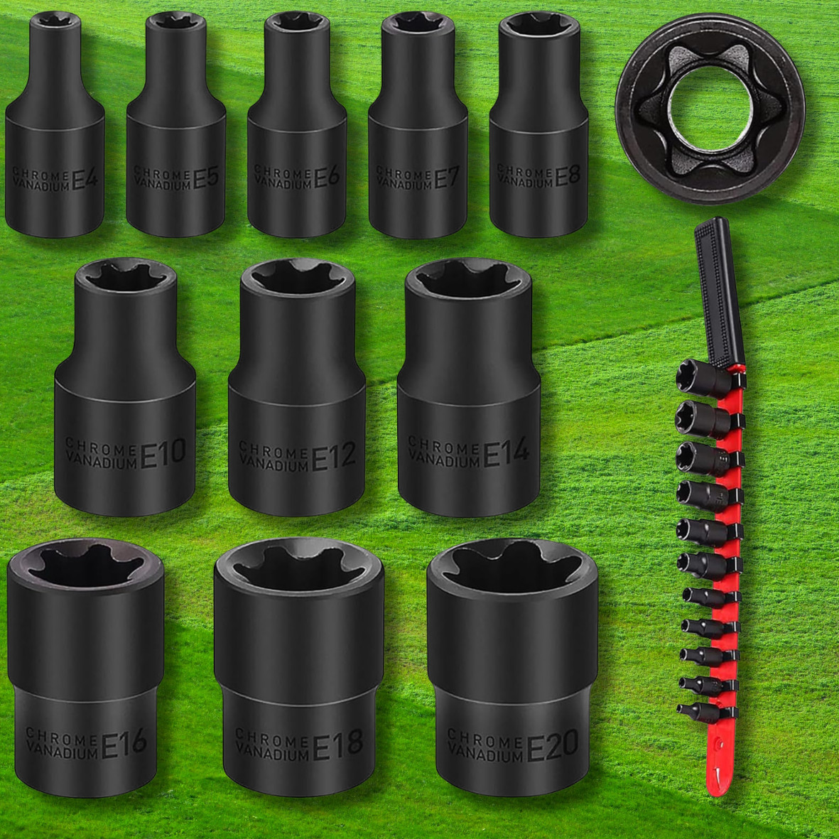11PC Female E-TORX Star Socket Set External E4-E20 Torque 3/8″ 1/4″ Dr. & Rail