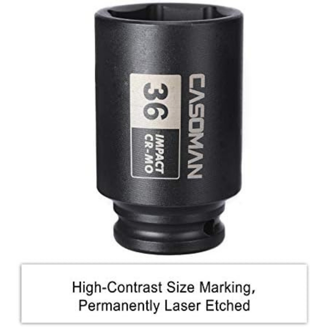 1/2″ Drive X 36 Mm Deep 6 PT Impact Socket, CR-MO, Drive 6 Point Axle Nut Socket
