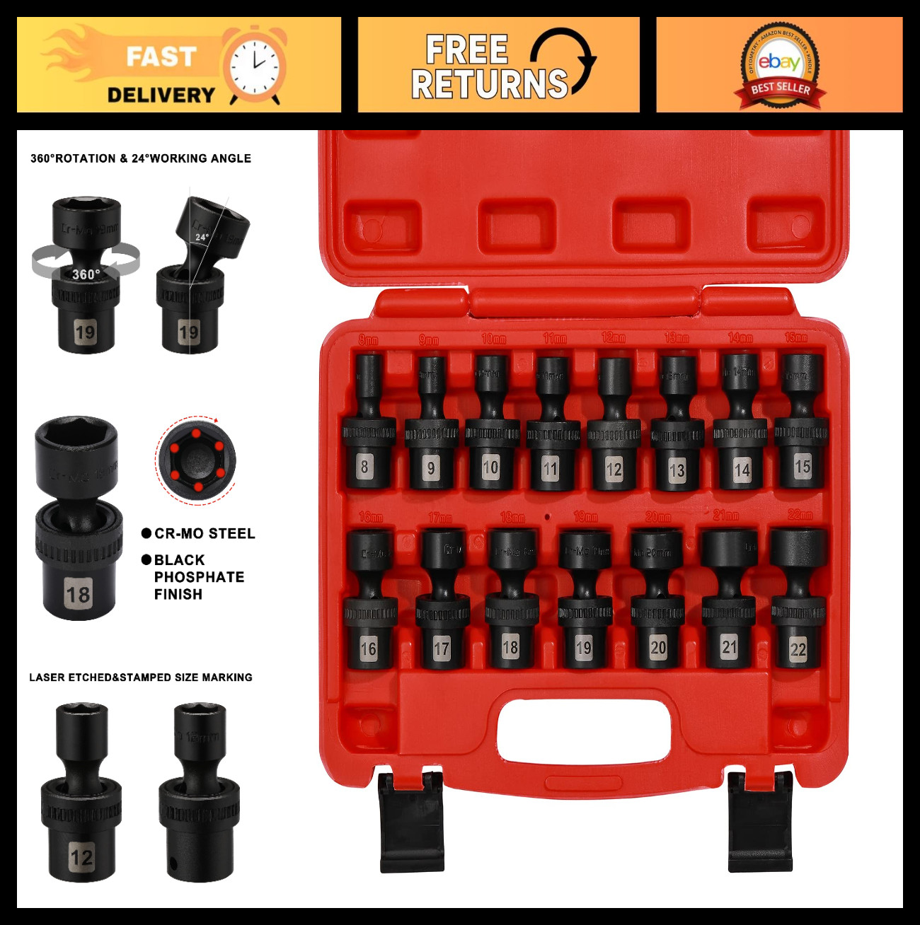 15PC 3/8″ Drive Metric Impact Socket Set, 6 Point Swivel Wobble Sockets 8-22mm