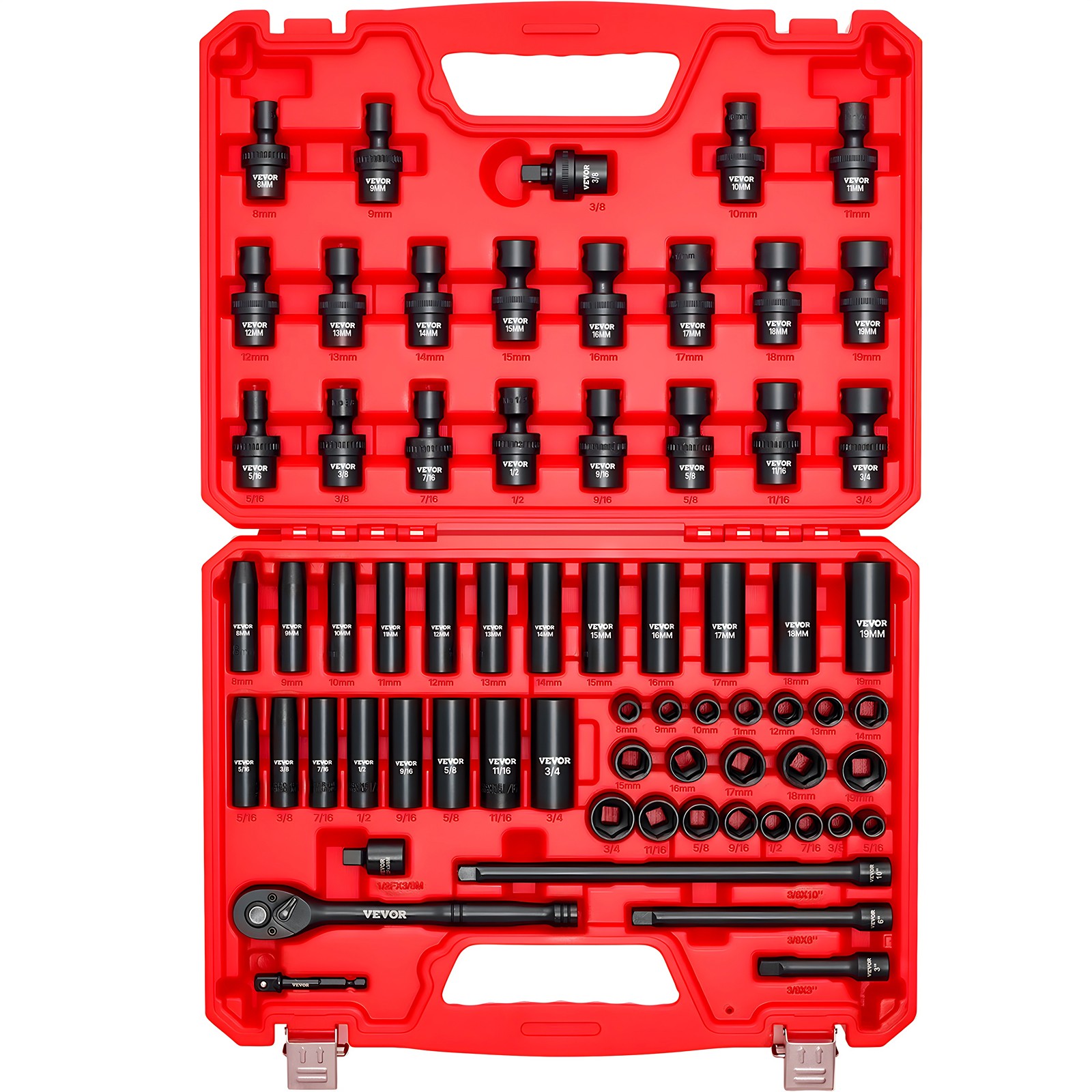VEVOR 3/8 in Drive Impact Socket Set 67 Piece SAE 5/16 to 3/4 in Metric 8-19 mm