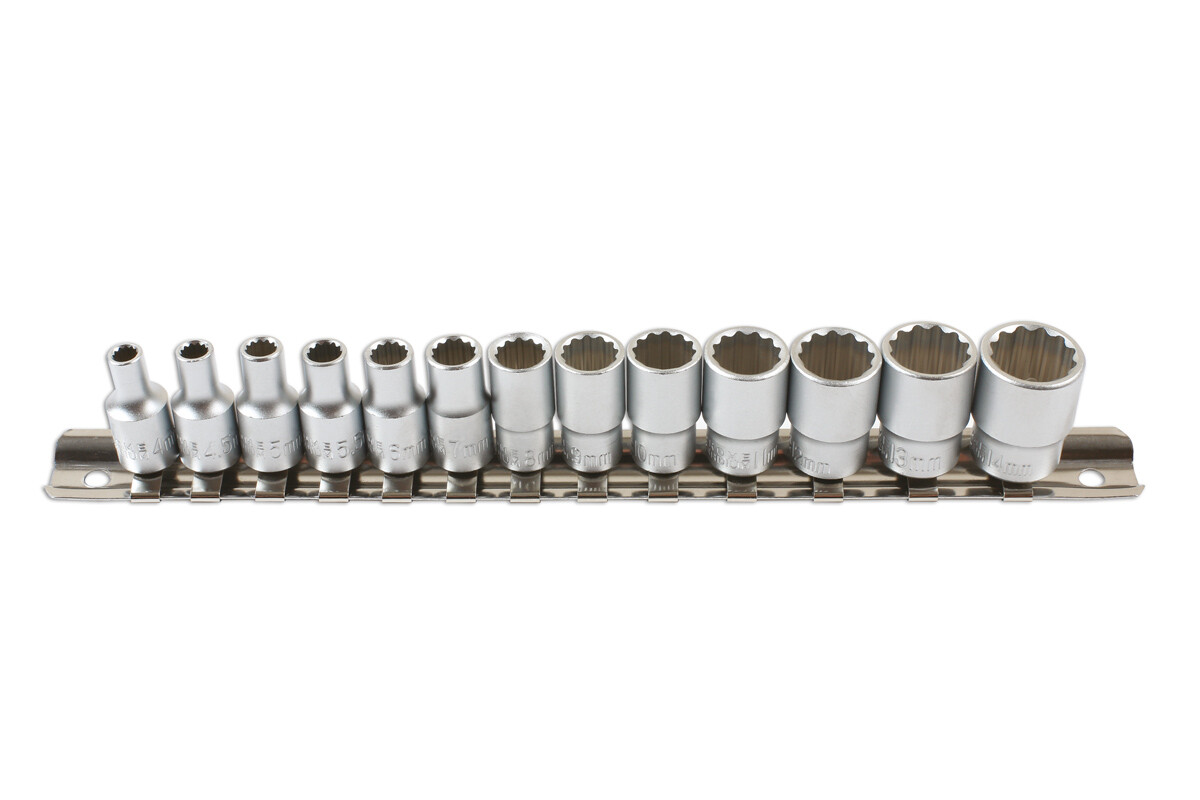 Bi-Hex 12 Point Standard Socket Set 13pc 1/4″D 4mm-14mm METRIC On Storage Rail