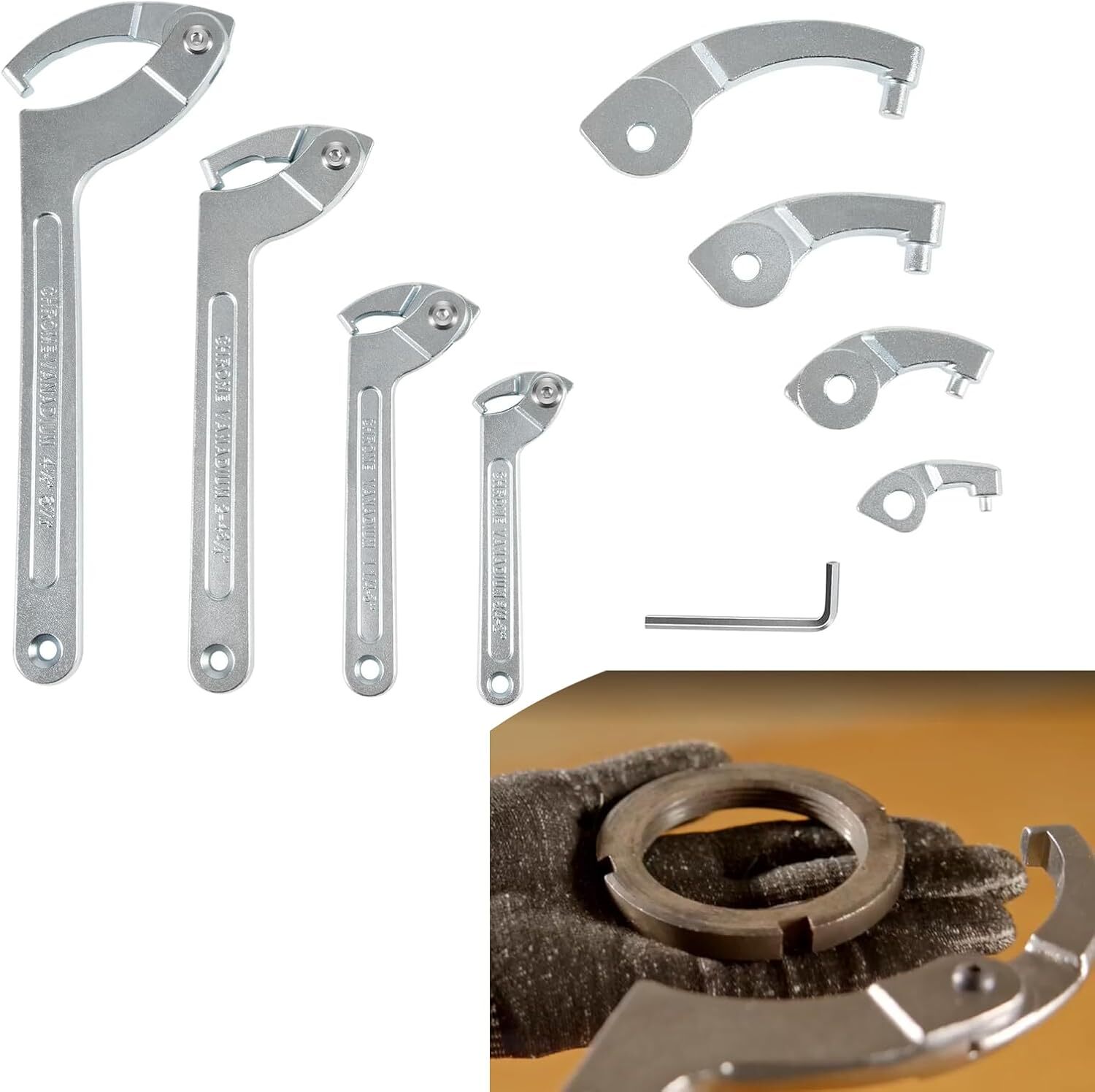 Adjustable Hook & Pin Spanner Wrench Tool Set Locking Nut Wrench 3/4″ to 6-1/10″