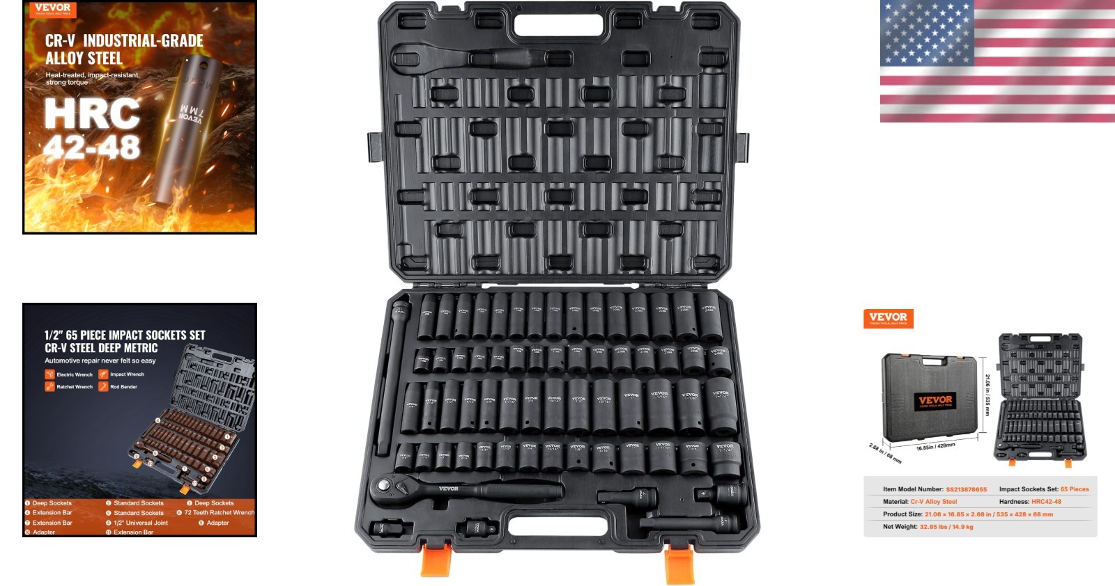 Professional 65-Piece Impact Socket Set – Cr-V Alloy Steel for Auto Repairs