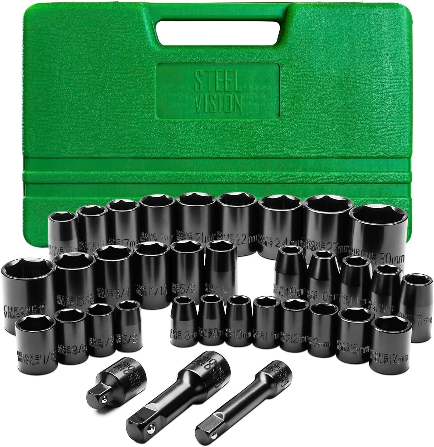 35-Piece Impact Socket Set, 3/8″ & 1/2″ Drive Shallow SAE/Metric, 6-Point CR-…