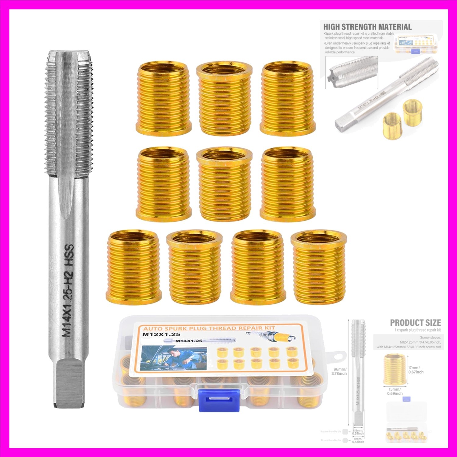 M12x1.25, 11 PCS Insert and Tap Set, 10 Inserts + 1 Tap, for Cylinder Head Re…