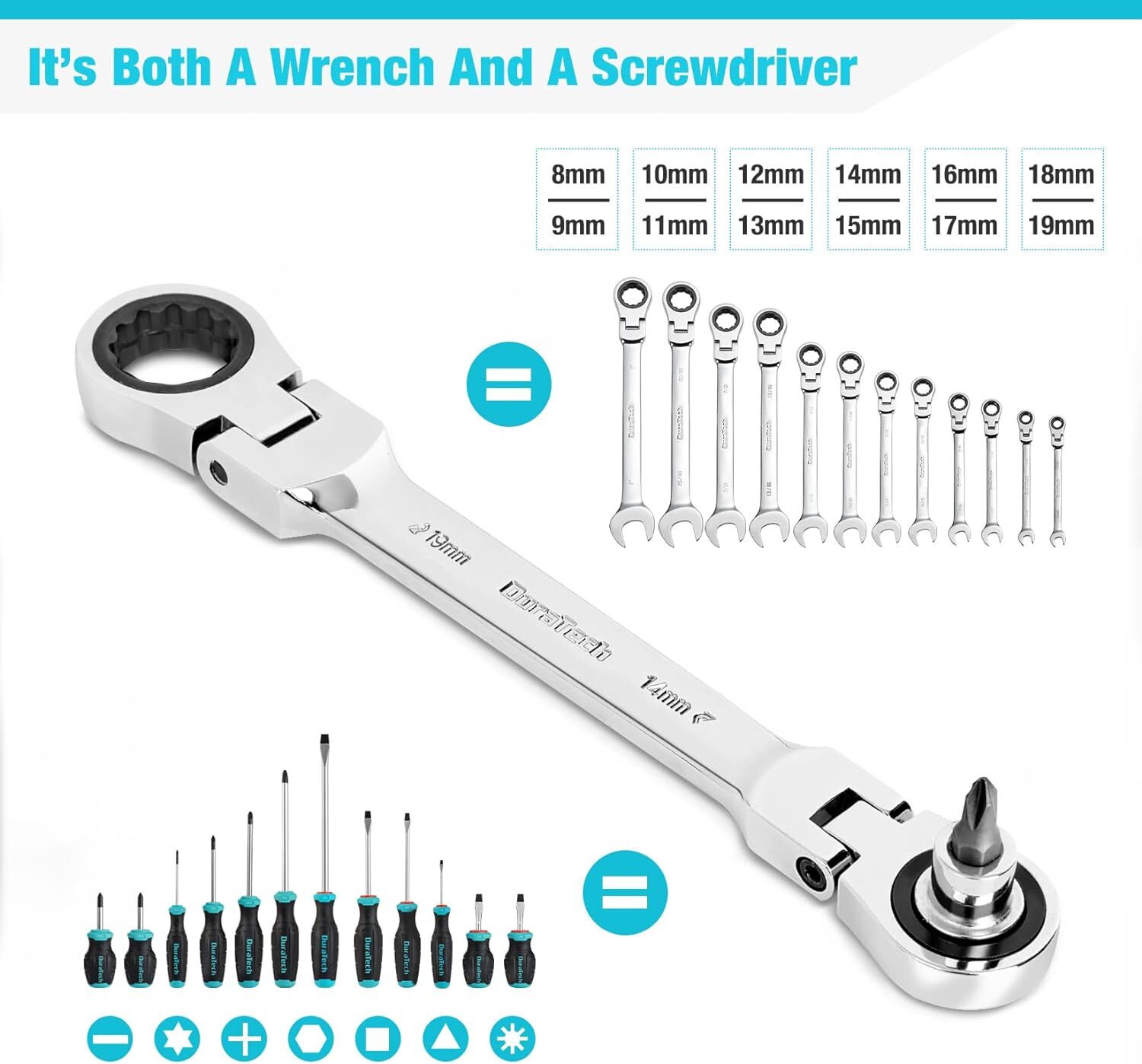 DURATECH 12-in-1 Flex-Head Ratcheting Wrench Set & 24-in-1 Mirror Finish